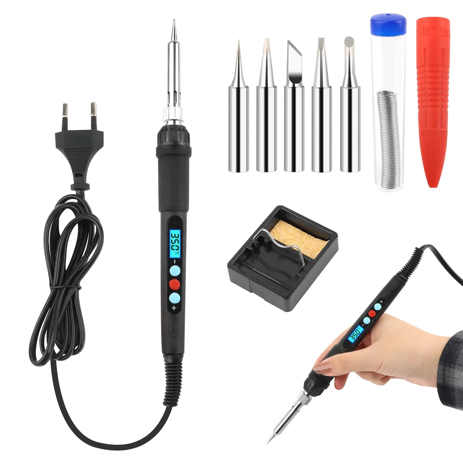 VFANDV Soldering Iron Set, 60 W Soldering Set with Adjustable Temperature Switch 200 °C - 500 °C with On/Off and 10 g Soldering Wire, 5 Soldering Tips, Soldering Iron Stand, Wired Soldering Iron for