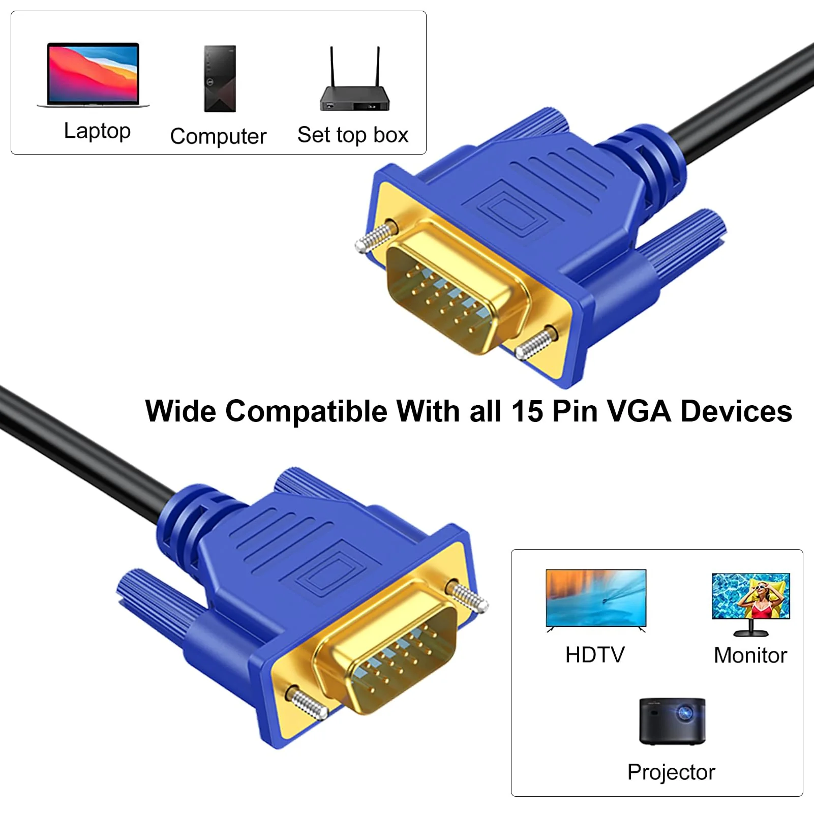 VGA Cable 10 Feet, VGA Computer Monitor Cable Adapter, Gold-Plated Shielded VGA Cord HD15 1080P@60Hz Full HD High Resolution Pure Copper Wire for TV Computer Monitor Display Projector-Blue VGA Blue 1-Pack - Image 2