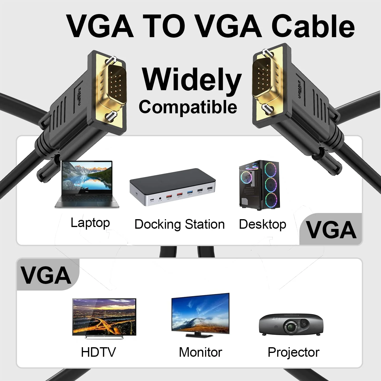 VGA Cable 10 Feet, VGA to VGA Cord, VGA Computer Monitor Cable Male to Male 1080P@60hz Full HD for Computer, Laptop, Docking Station, DVD, Monitor, TV, Projector VGA Black 1-Pack - Image 2