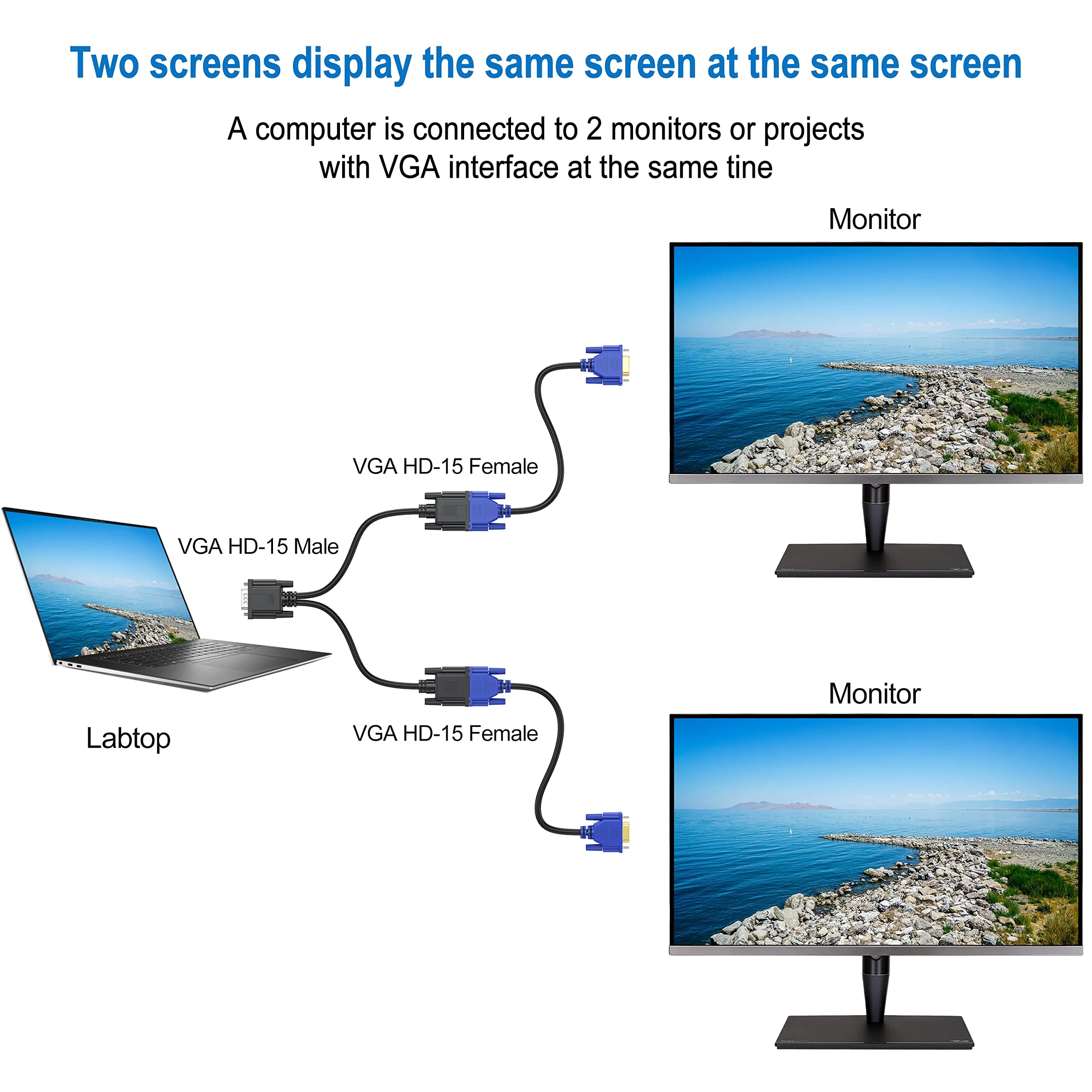 VGA Splitter Cable Dual VGA Monitor Y Cable 1 Male to 2 Female Adapter Converter Video Cable for Screen Duplication - Does NOT Show Separate Displays (No Screen Extension) 1FT VGA Y Cable (Black) - Image 3