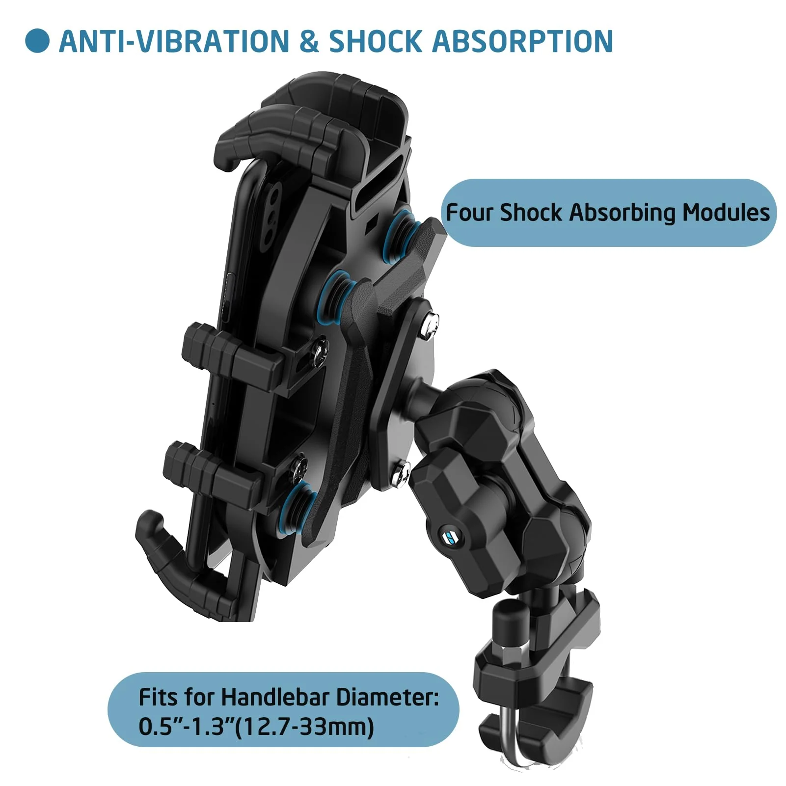 Vibration Damping Motorcycle Phone Mount -Shock Absorbing Bracket with Anti-Theft Design & 1" Ball Base 360° Rotation Universal for 4.0"-7.2" Phones, Fits for 0.5"-1.3" Handlebars - Image 3