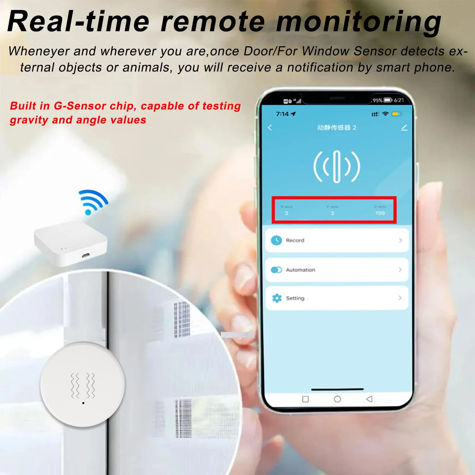 Vibration Sensor for Tuya Zig-bee Smart Vibration Sensor Tilt Sensor Real Time Monitoring Alarm Adjustable Sensitivity 40 x 40 x 13 mm - Image 2