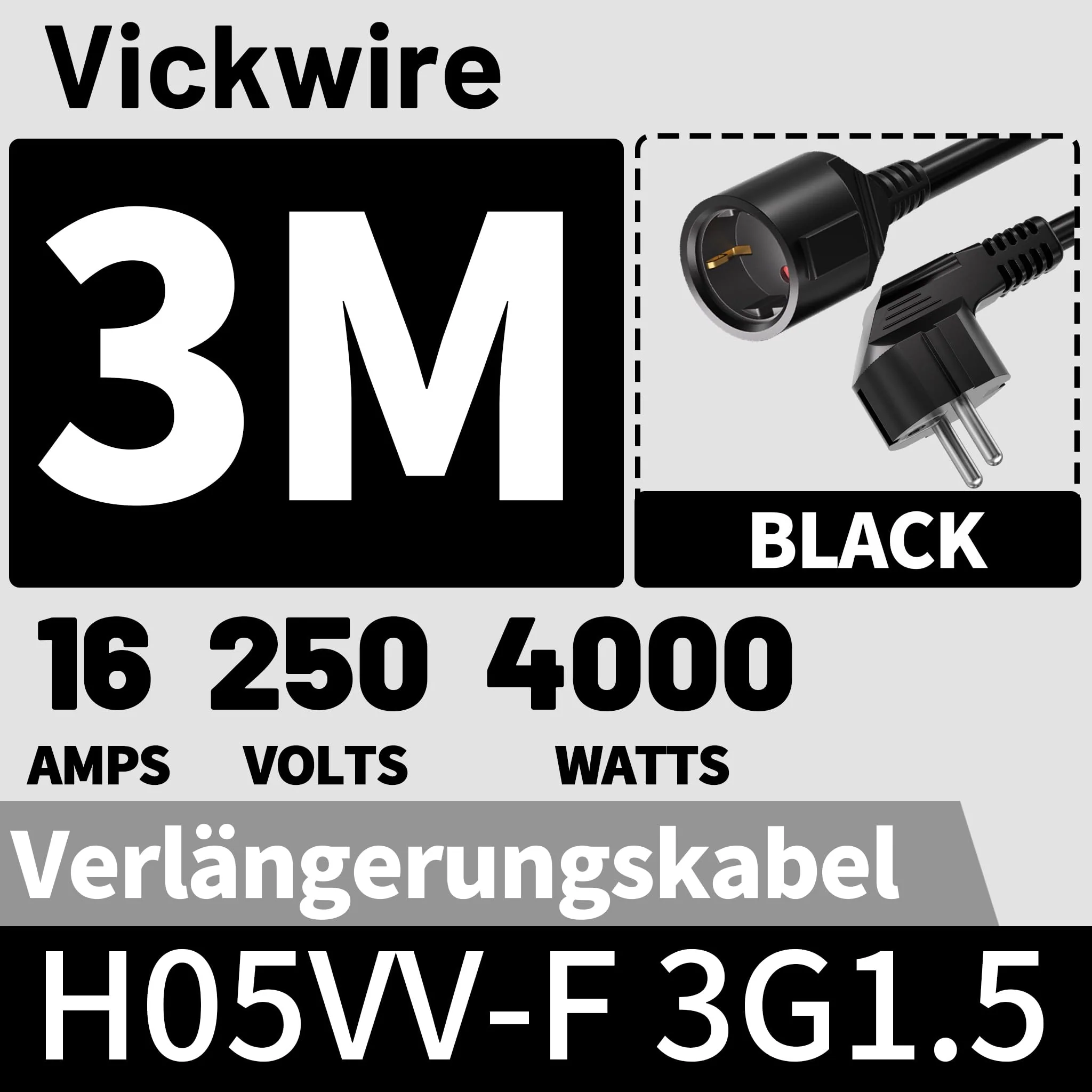 Vickwire H05VV-F 3G1.5 mm² Extension Cable 3 m Cable Extensions with Protective Contact Plug Schuko Extension 16 A/250 V Black 3m - Image 6