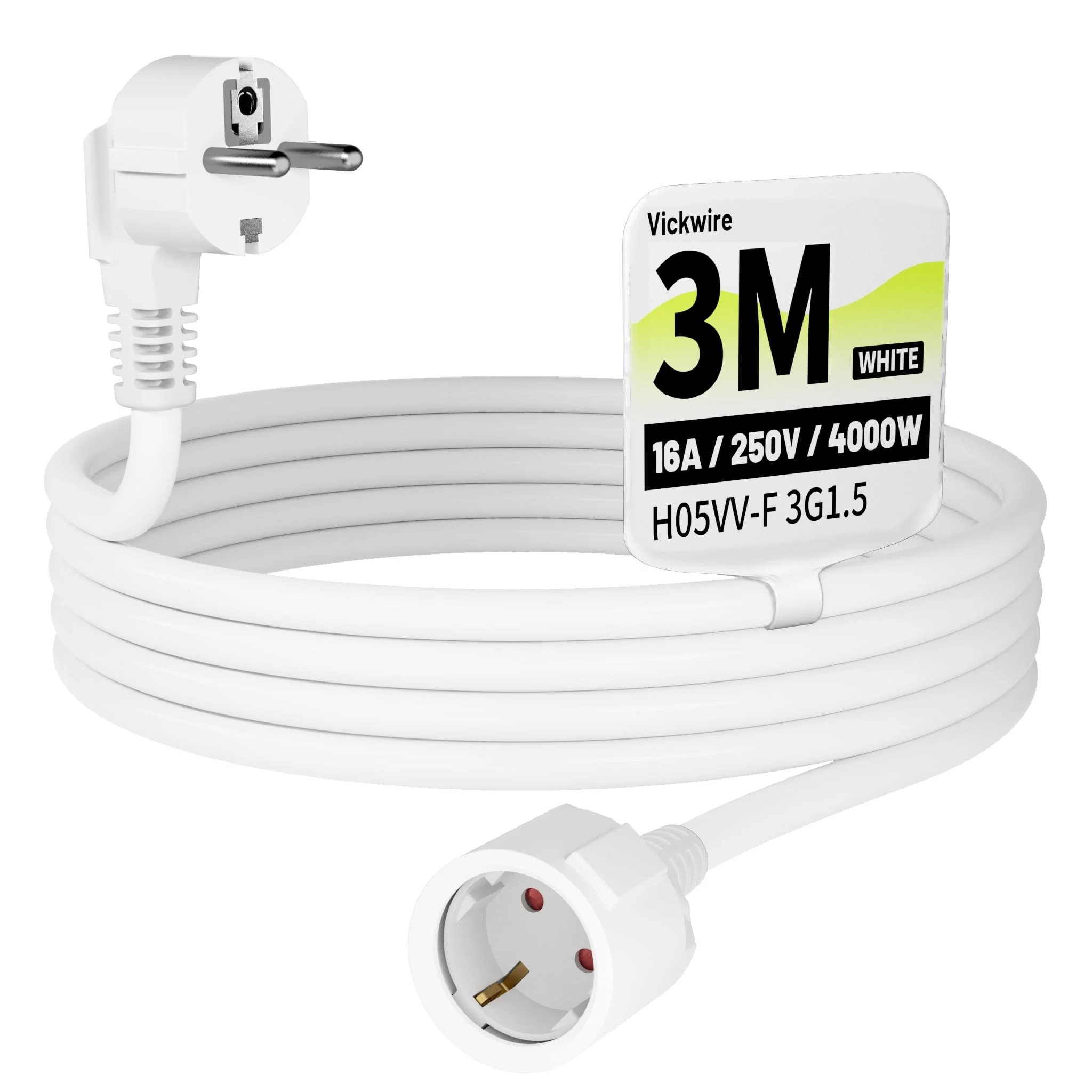 Vickwire H05VV-F 3G1.5 mm² Extension Cable 3 m Cable Extensions with Protective Contact Plug Schuko Extension 16 A/250 V White 3m