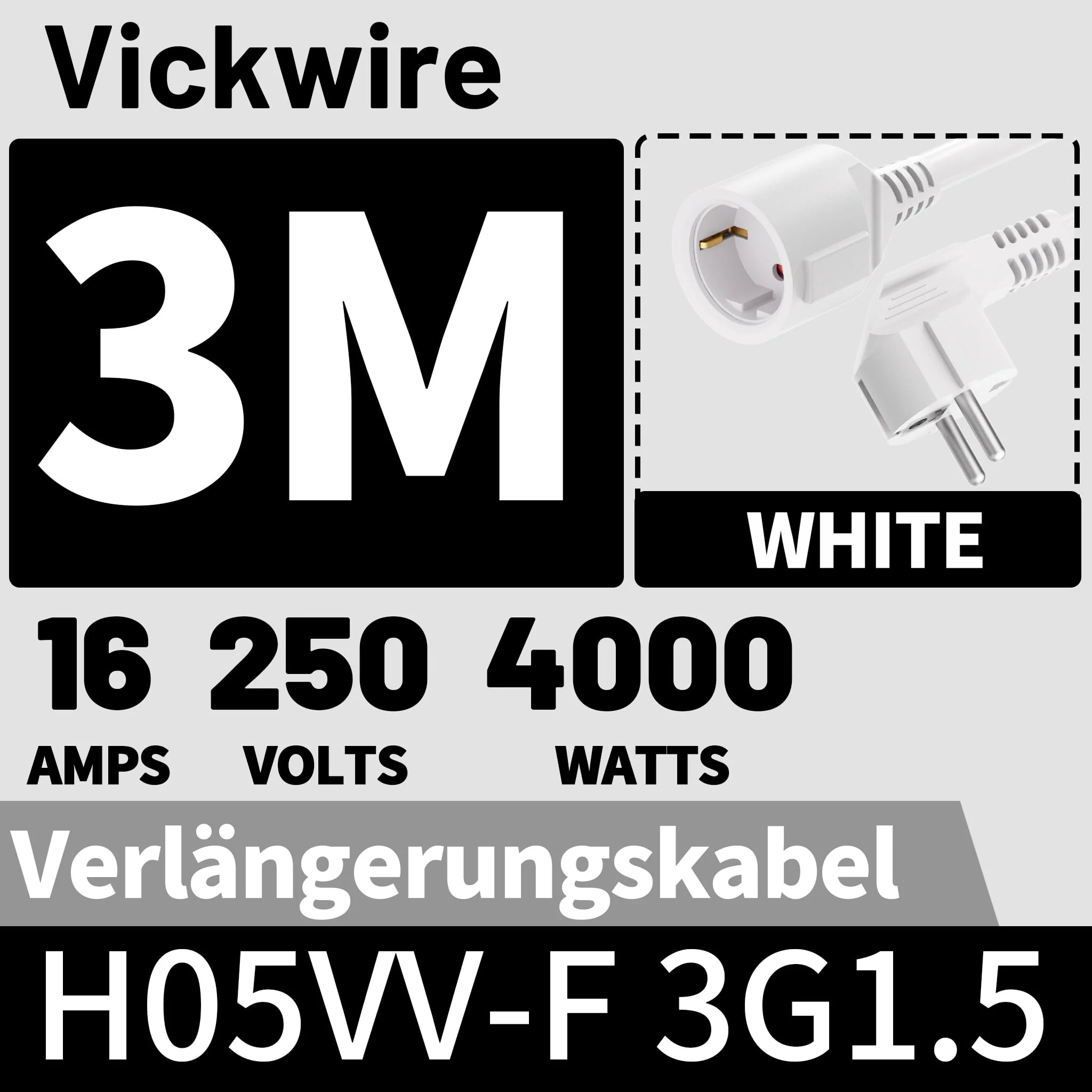 Vickwire H05VV-F 3G1.5 mm² Extension Cable 3 m Cable Extensions with Protective Contact Plug Schuko Extension 16 A/250 V White 3m - Image 6