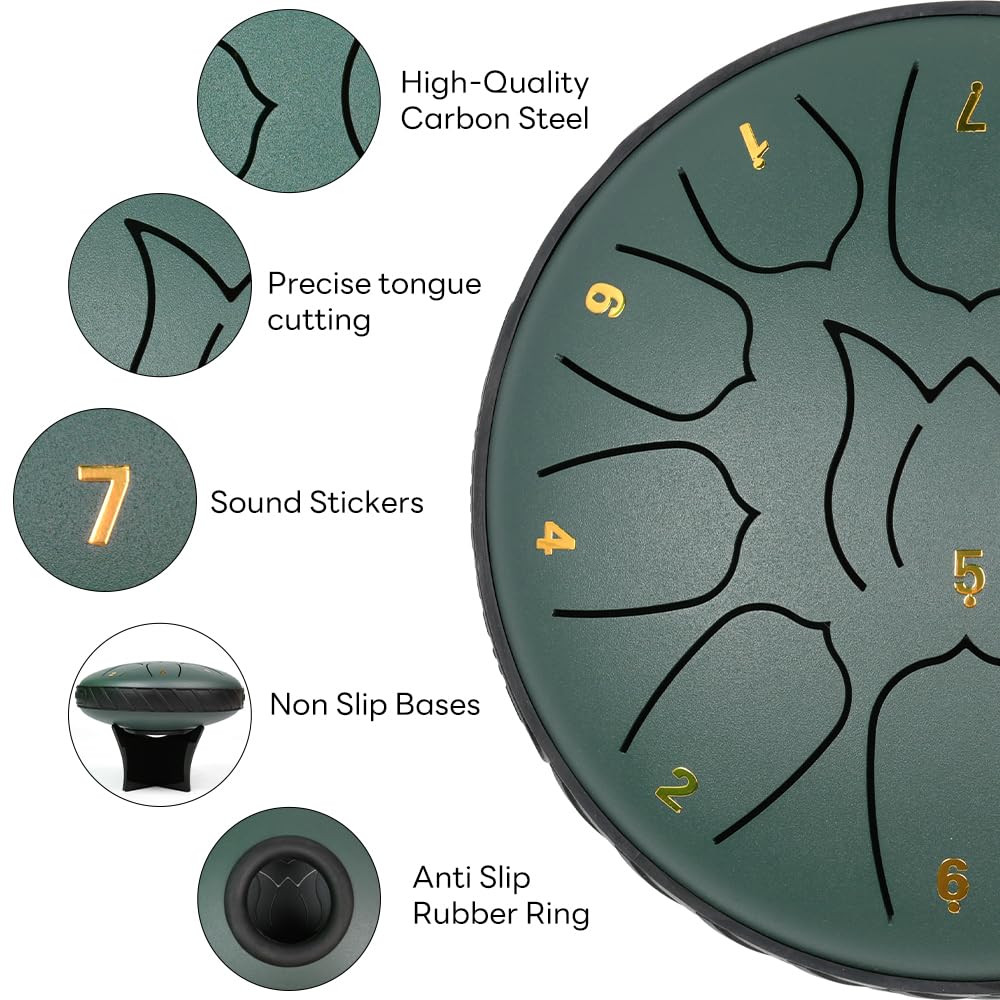 VIGIamy Rain Drum for Outside,Steel Tongue Drum 11 Notes 6 Inches,Chakra Chime Drum for Rain,Musical Percussion Instrument Tongue Drum,Meditation Yoga Zen Musical Education Stone Green - Image 2
