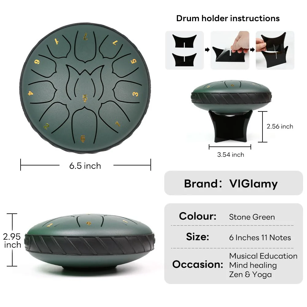 VIGIamy Rain Drum for Outside,Steel Tongue Drum 11 Notes 6 Inches,Chakra Chime Drum for Rain,Musical Percussion Instrument Tongue Drum,Meditation Yoga Zen Musical Education Stone Green - Image 3