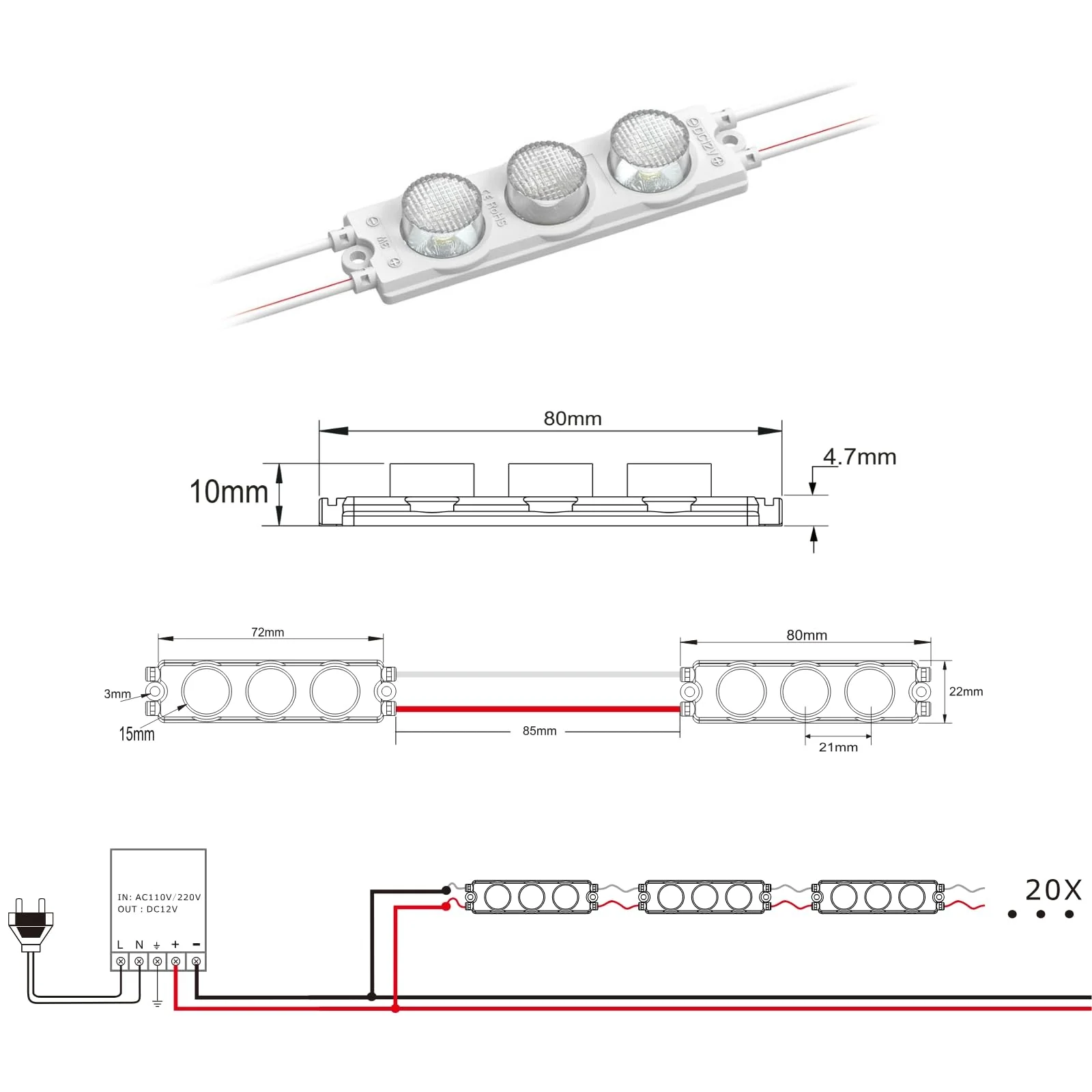 VIMLED 12 V LED Module for Edge Irradiation - 20 Pieces of 3 W / 240 lm in Warm White - IP67 Waterproof SMD LED Injection Modules as Backlight in Advertising Technology - Image 5