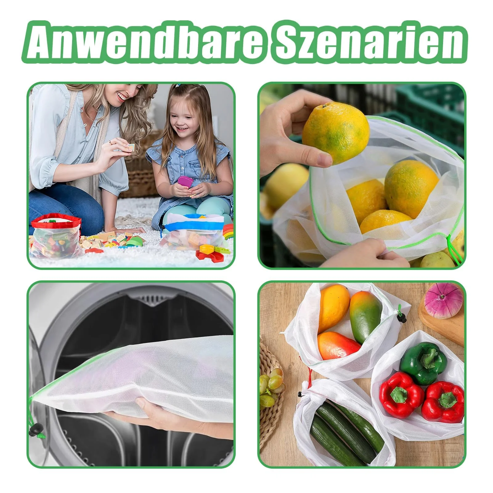 Vimmvid Pack of 10 Fruit Vegetables Large Mesh Bag, Washable Vegetable Net and Shopping Net with Drawstring, Transparent Mesh Bags for Fresh Storage of Fruit and Vegetables, Green, Unit size - Image 5