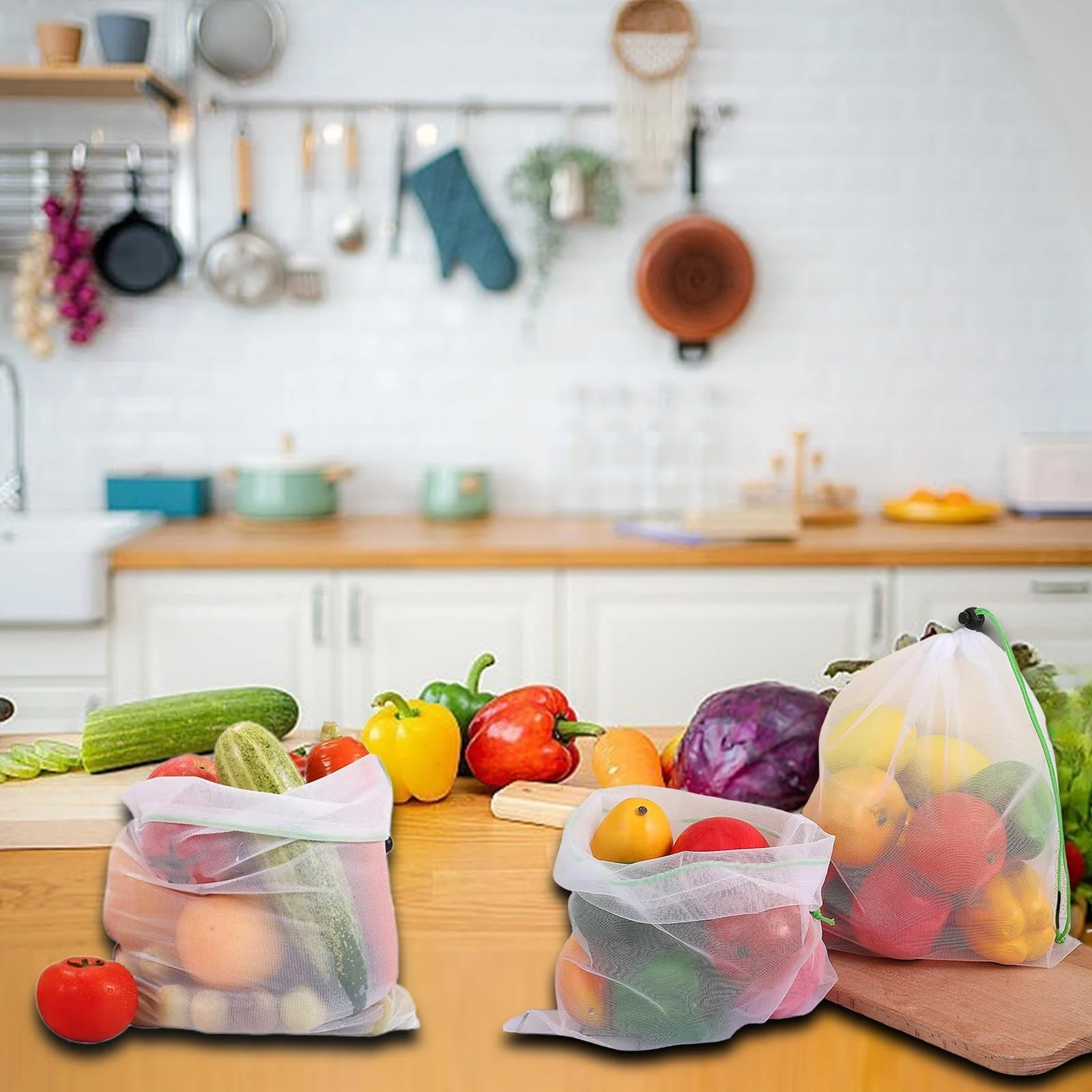Vimmvid Pack of 10 Fruit Vegetables Large Mesh Bag, Washable Vegetable Net and Shopping Net with Drawstring, Transparent Mesh Bags for Fresh Storage of Fruit and Vegetables, Green, Unit size - Image 6