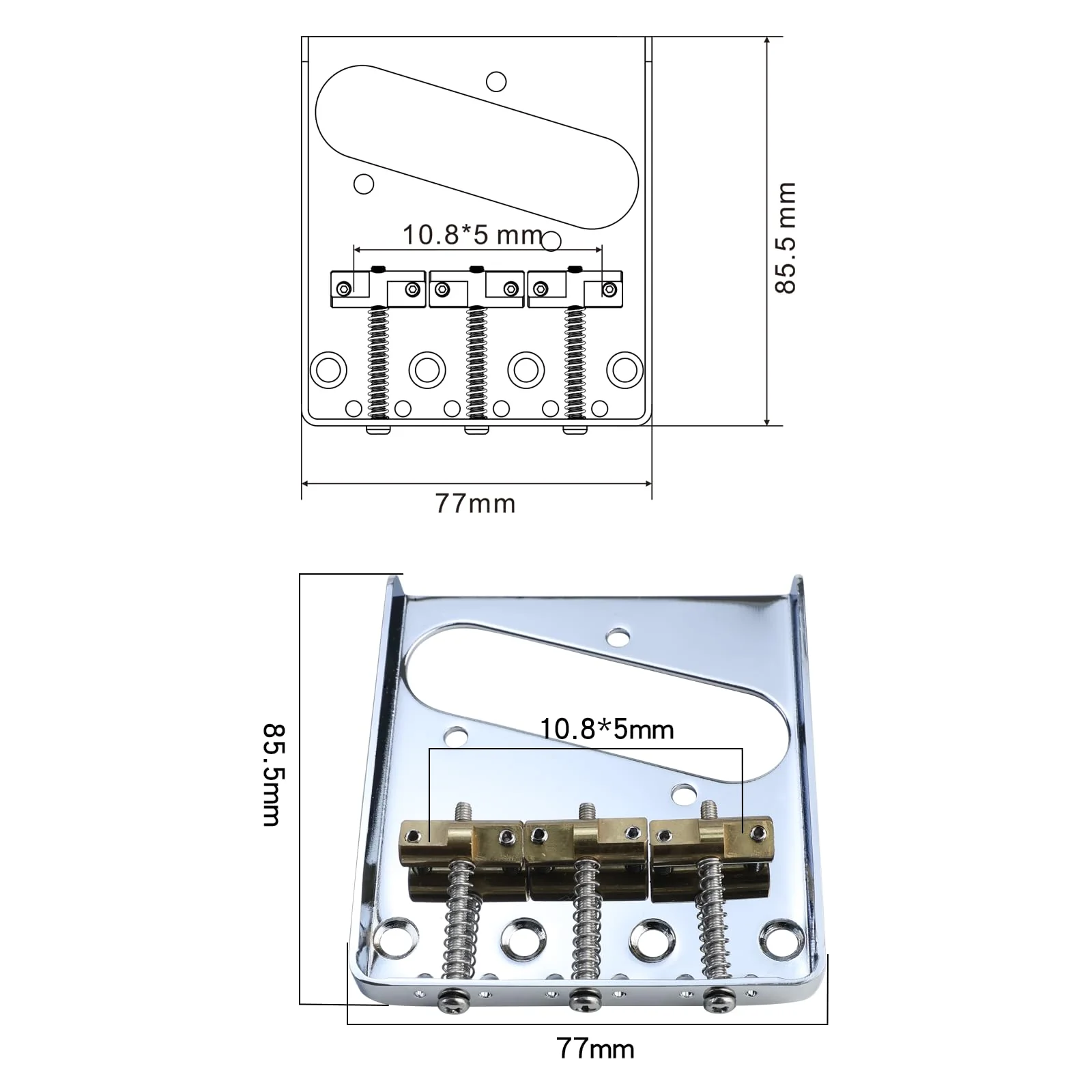 Vintage Fixed Guitar Bridge with Brass Compensated 3-Saddle Steel Baseplate 10.8mm Guitar Bridge Compatible with Vintage Telecaster Tele Style Electric Guitar Replacement Parts Chrome - Image 6