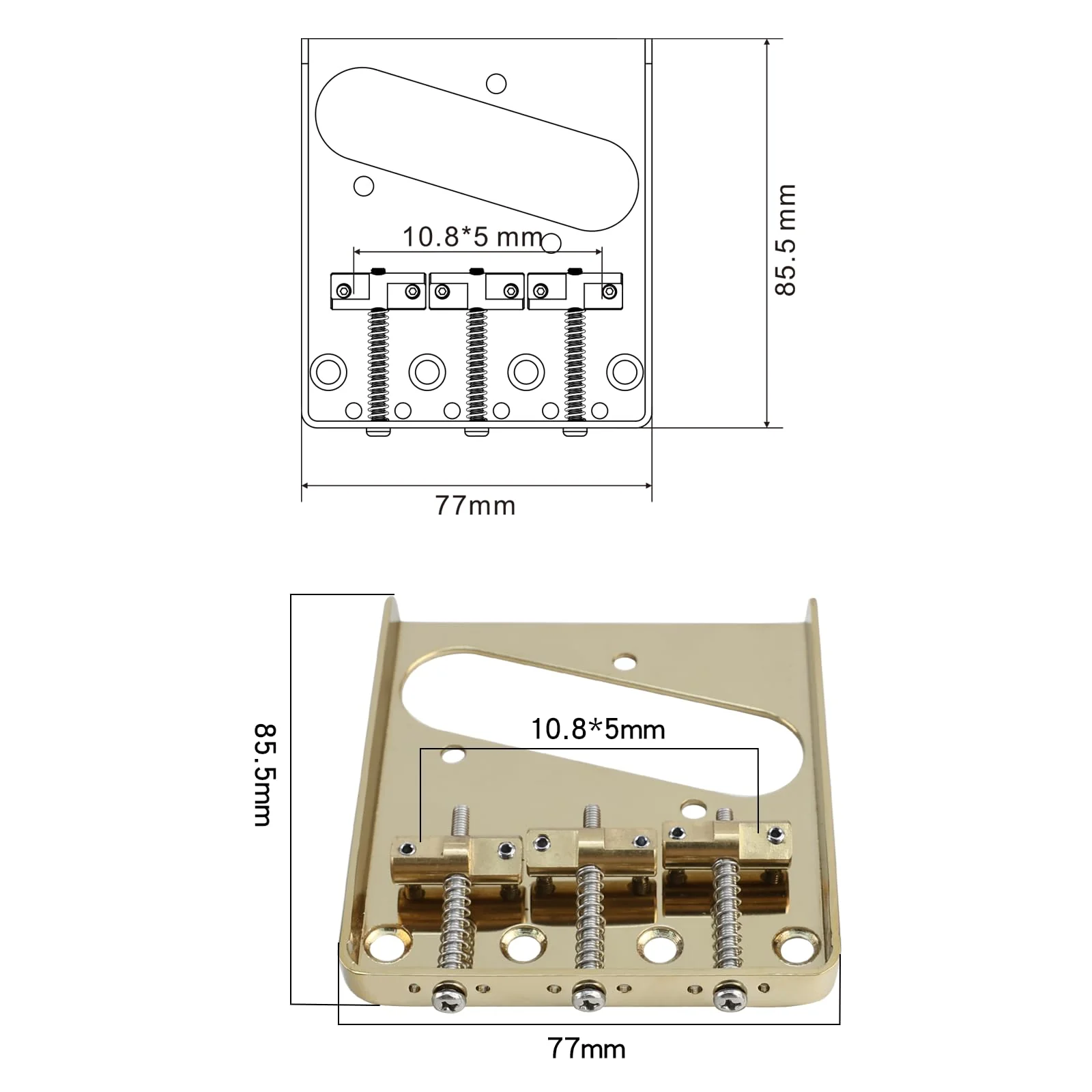 Vintage Fixed Guitar Bridge with Brass Compensated 3-Saddle Steel Baseplate 10.8mm Guitar Bridge Compatible with Vintage Telecaster Tele Style Electric Guitar Replacement Parts Glod Gold - Image 6