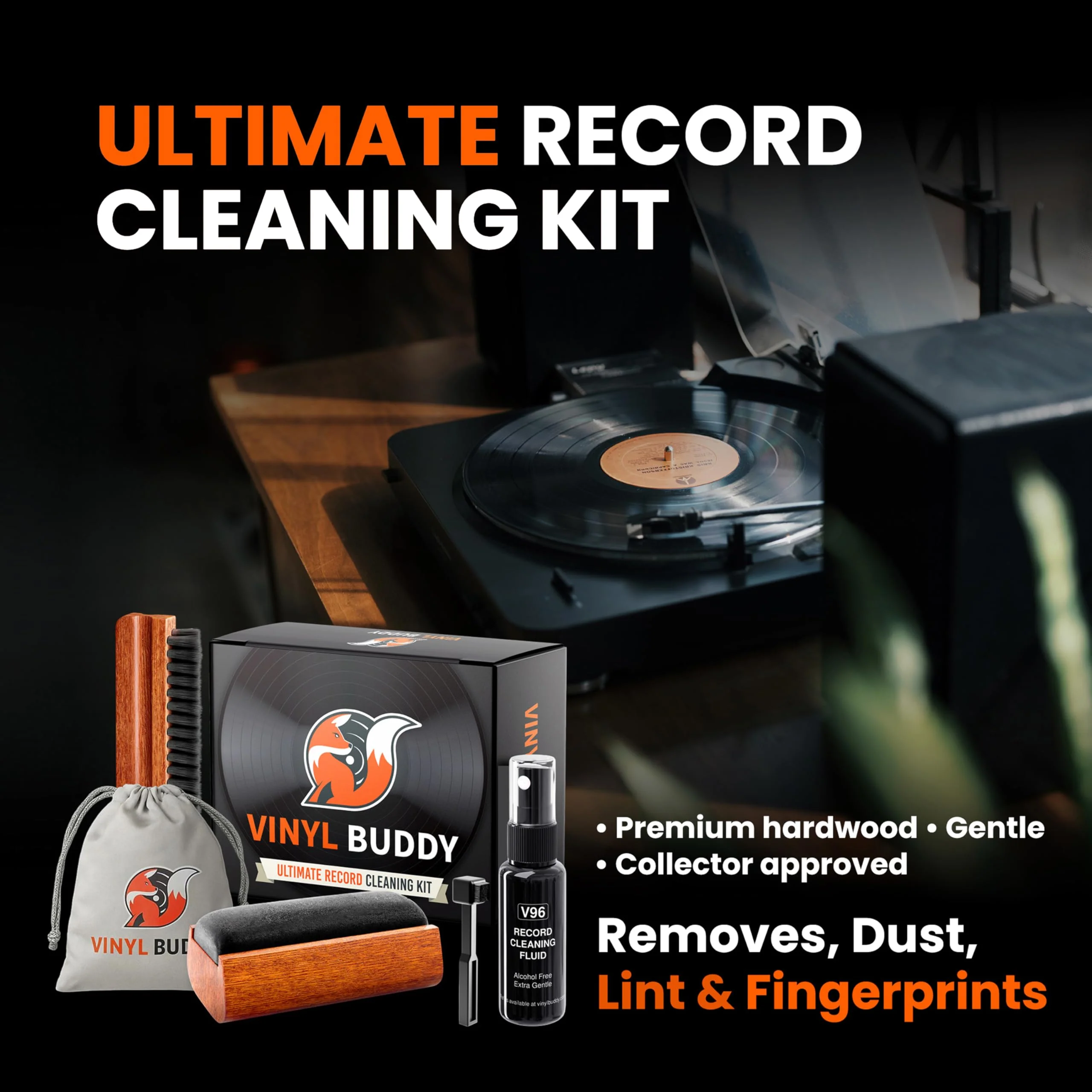 Vinyl Buddy Ultimate 5-Piece Vinyl Record Cleaning Kit | Includes: Record Cleaner – Velvet, Microfiber & Stylus Brush | Made from Premium Hardwood – Clean, Protect & Restore Your LPs - Image 2