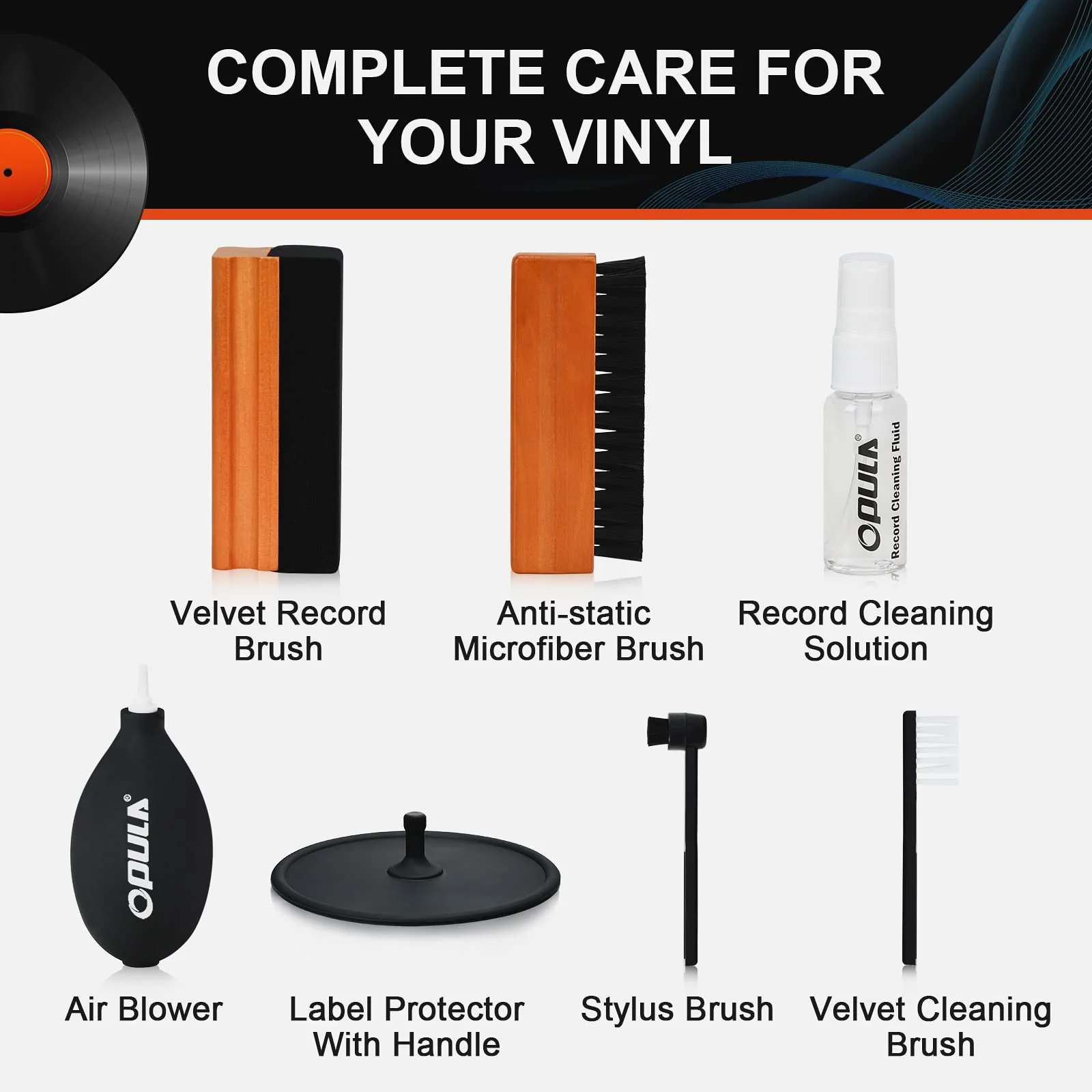 Vinyl Record Cleaner, 7-in-1 Record Cleaning kit - Soft Velvet - Nylon Microfiber Brush - Cleaner Fluid - Label Protector - Air Blower Cleaner - Stylus Brush - Brush for Velvet for Records Albums - Image 2