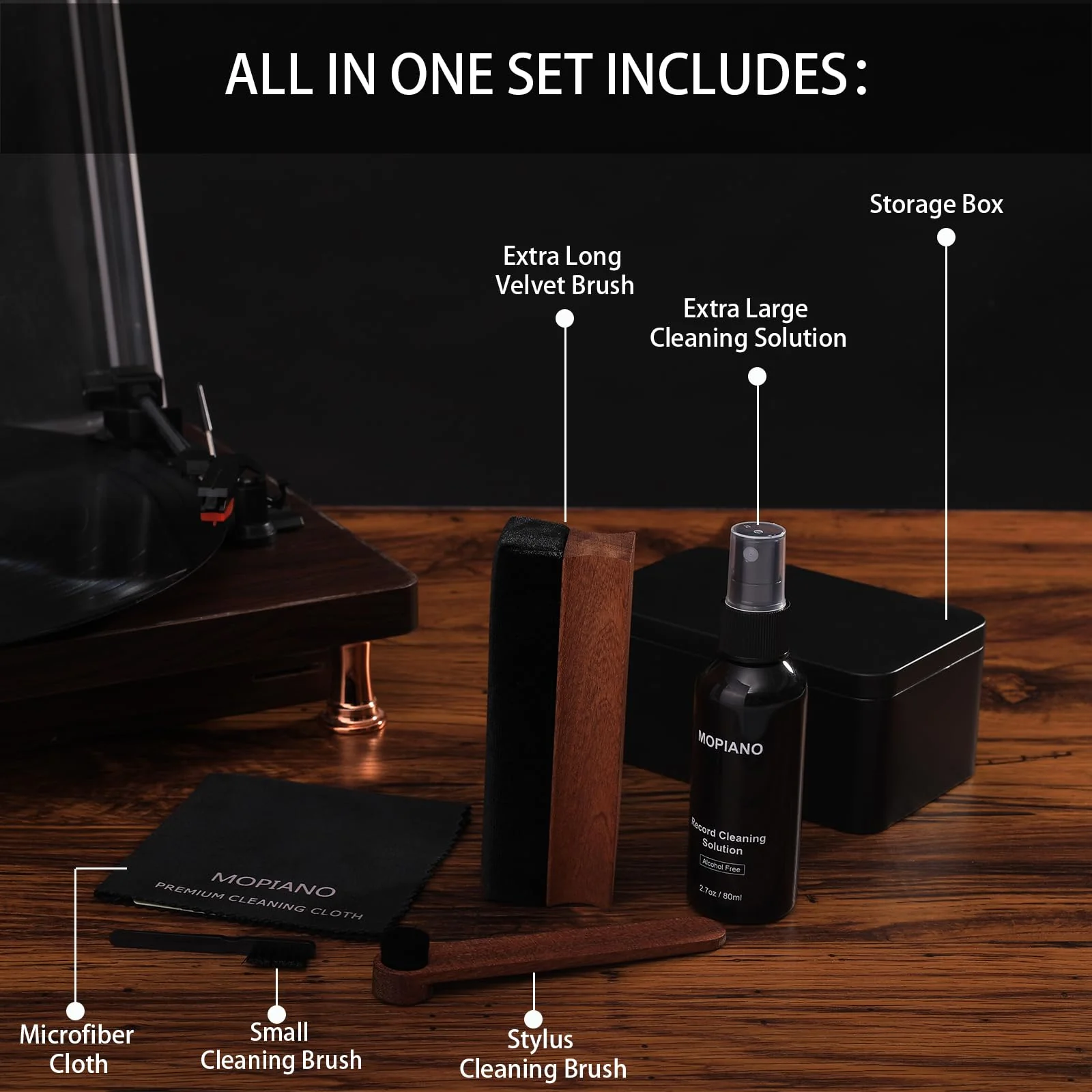 Vinyl Record Cleaning Kit|Complete 6-in-1 Vinyl Record Cleaner Kit for Albums|Includes Soft Velvet Vinyl Record Brush,LP Cleaning Liquid,Stylus Brush,Nylon Brush,Microfiber Cloth & Storage Box - Image 2