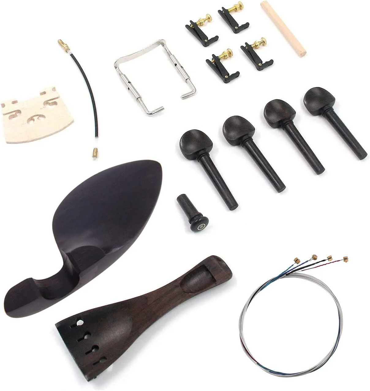 Violin Parts & Accessories Kit with Violin Ebony Chin Rest, Tailpiece, Tuning Pegs, Endpin,Tunners, Tailgut, String and Maple Bridge for 4/3 4/4 Violin Replacement Part 16pcs - Image 2