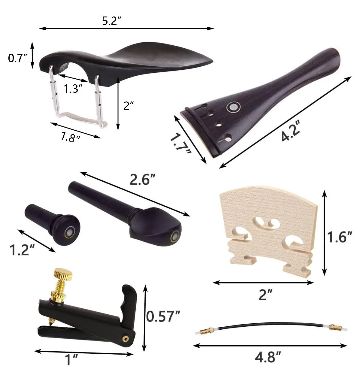 Violin Parts & Accessories Kit with Violin Ebony Chin Rest, Tailpiece, Tuning Pegs, Endpin,Tunners, Tailgut, String and Maple Bridge for 4/3 4/4 Violin Replacement Part 16pcs - Image 7