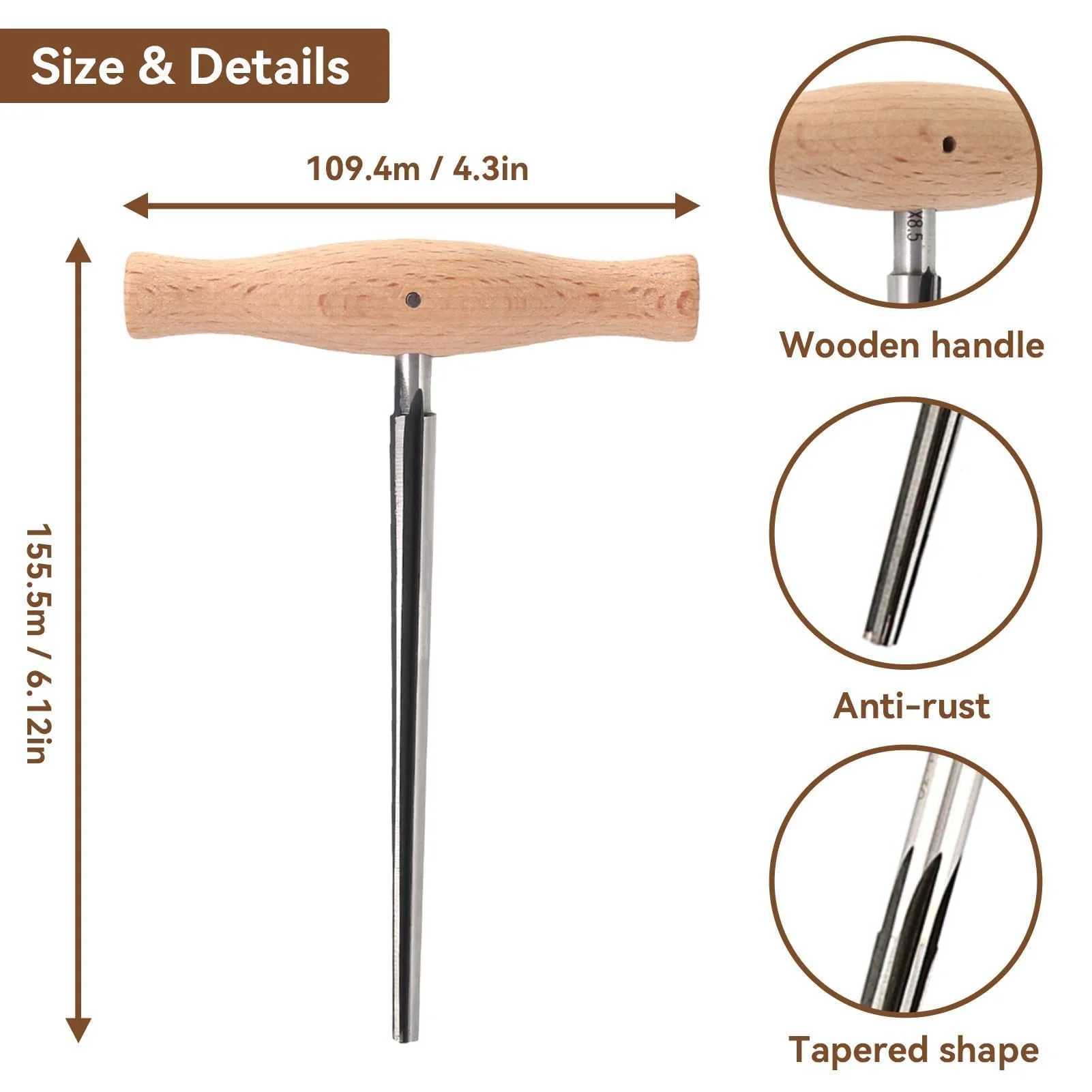 Violin Peg Hole Reamer 1:30 Taper with Wood Handle Violin Luthier Tool for 3/4 4/4 Violins Reamer T Handle Bridge Pin Reamer for Wood Latches, Woodworker, Repairman Maintenance Cutting Tool - Image 2