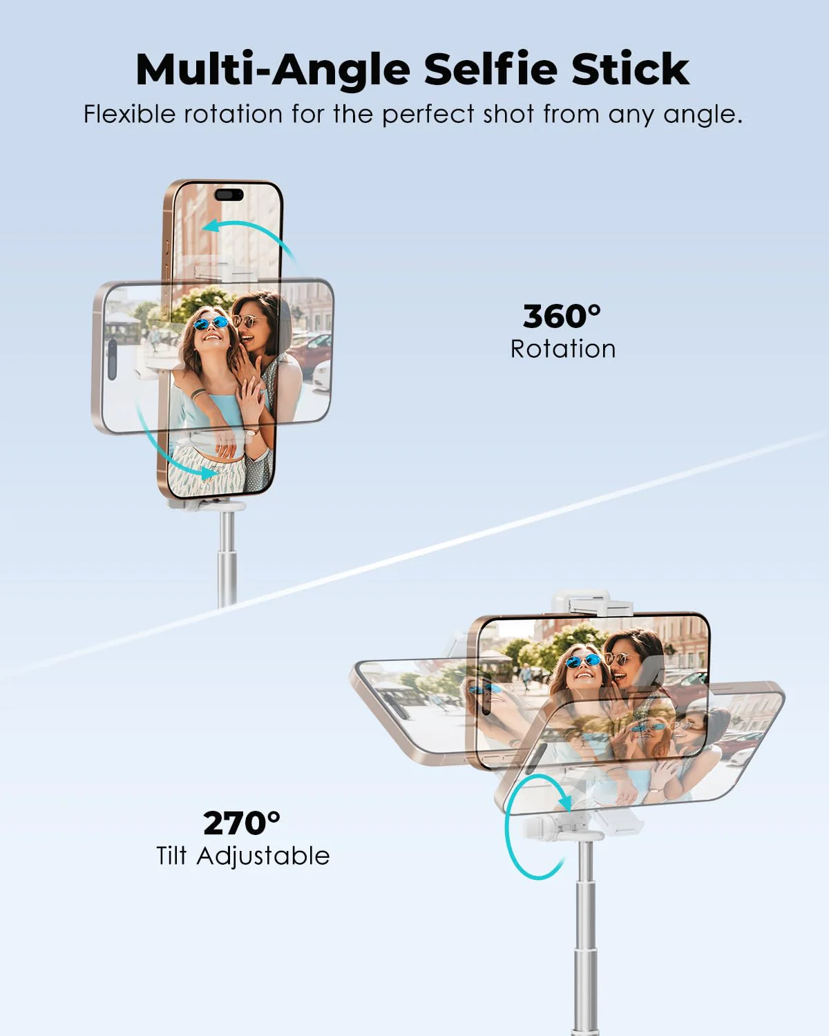Viozon Foldable Phone Selfie Stick,360° Rotatable Phone Holder with Aluminum Alloy Telescopic Tube,Wireless Connection & One-Click Shooting for Vlog/Live Streaming/Video Recording/Outdoor Photography White - Image 2