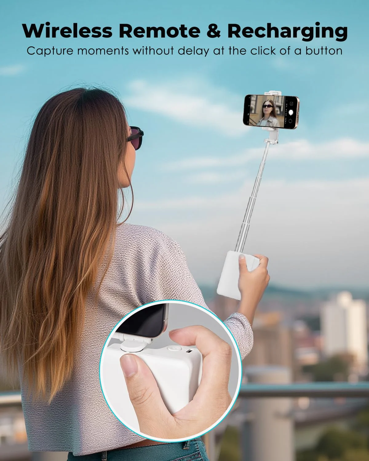 Viozon Foldable Phone Selfie Stick,360° Rotatable Phone Holder with Aluminum Alloy Telescopic Tube,Wireless Connection & One-Click Shooting for Vlog/Live Streaming/Video Recording/Outdoor Photography White - Image 4
