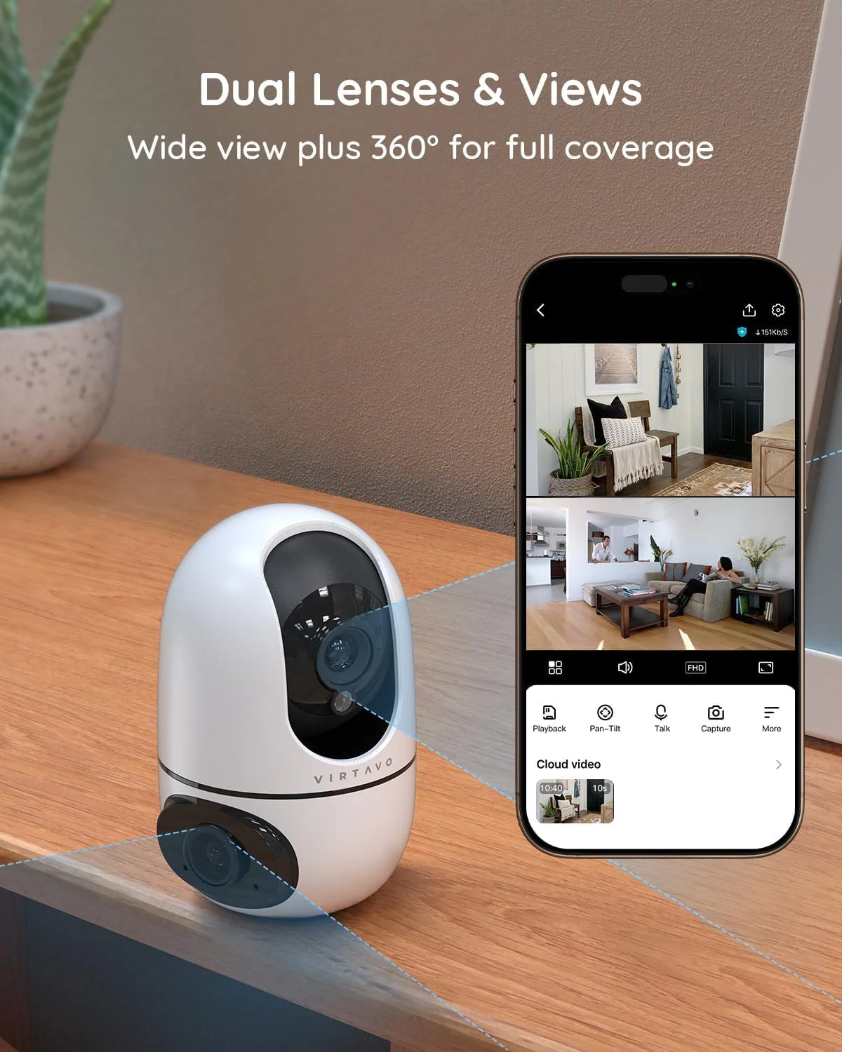 VIRTAVO XD1 Indoor Security WiFi Camera, No Subscription Required, Dual-Lens 360° PTZ Baby Monitor & Pet Cam, Motion Tracking, 2-Way Audio, Night Vision,Optional Cloud/SD Storage, Phone App, Wired - Image 2