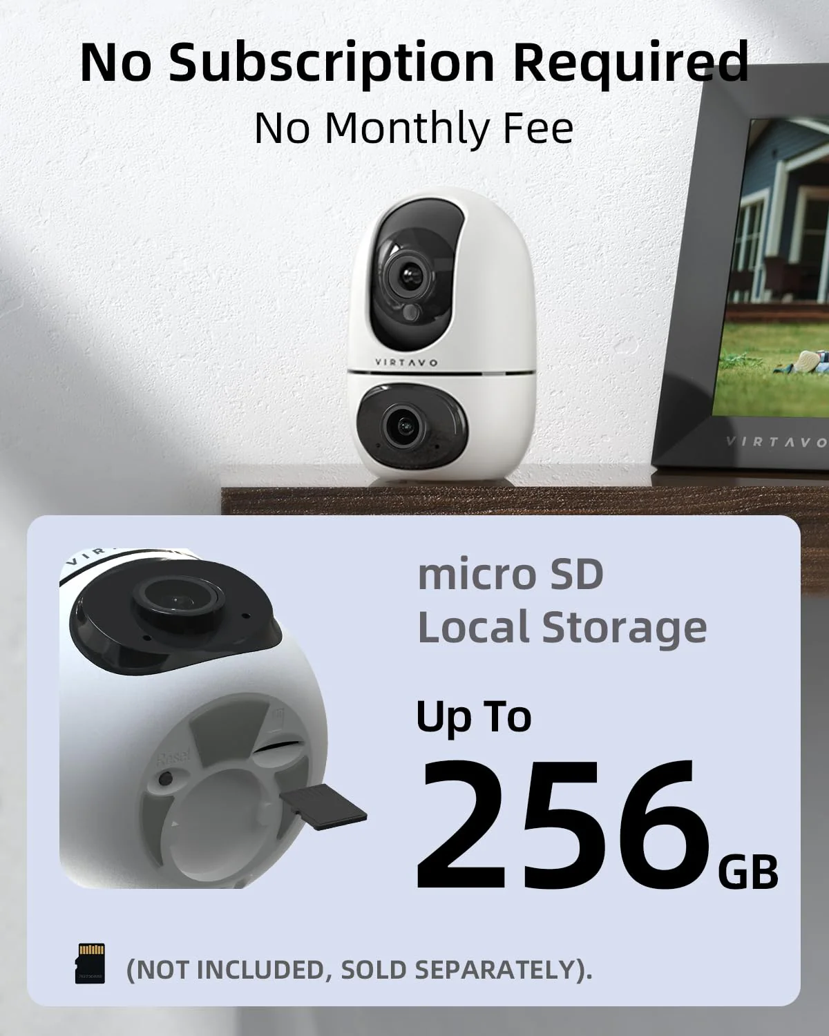 VIRTAVO XD1 Indoor Security WiFi Camera, No Subscription Required, Dual-Lens 360° PTZ Baby Monitor & Pet Cam, Motion Tracking, 2-Way Audio, Night Vision,Optional Cloud/SD Storage, Phone App, Wired - Image 3