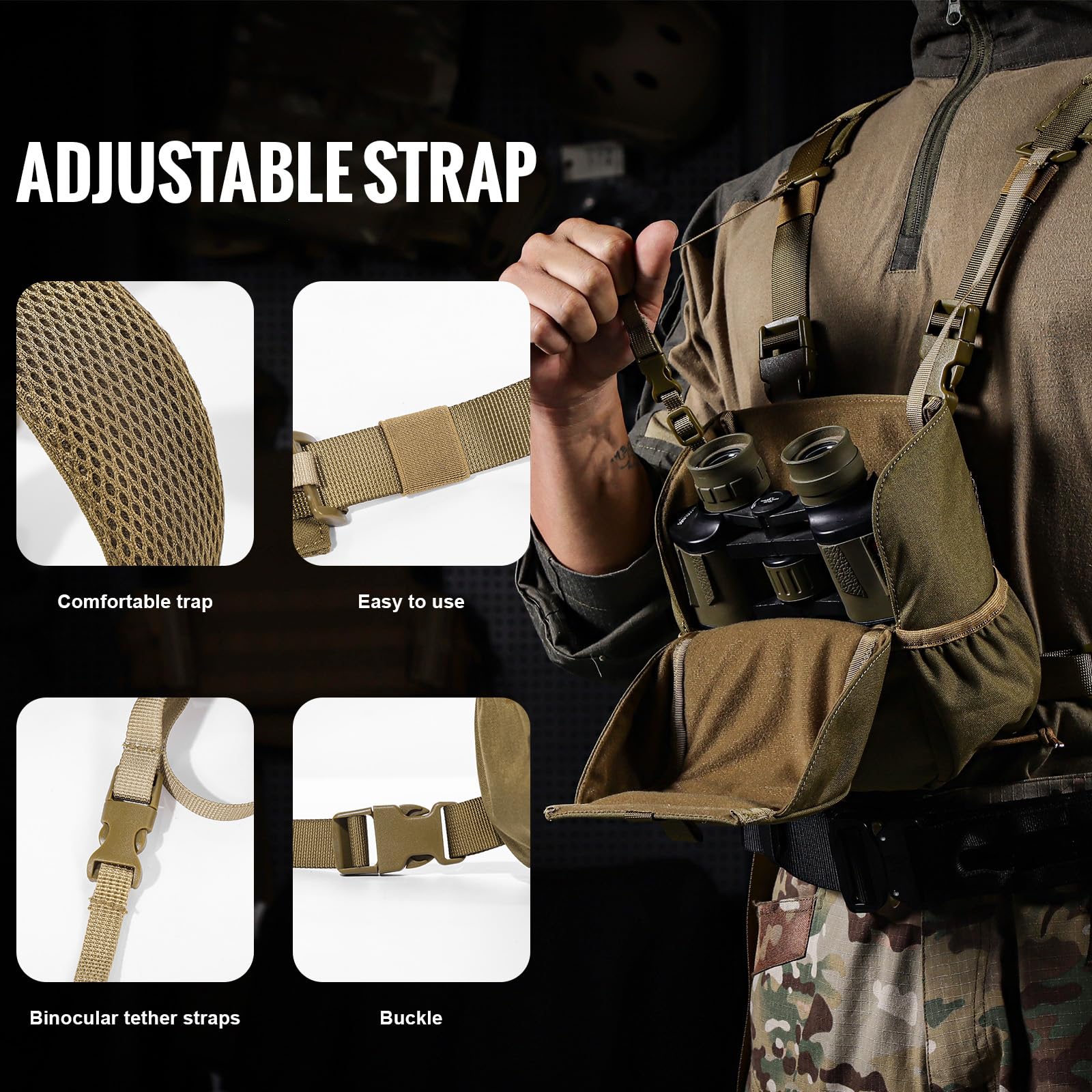 VISMIX Binocular Harness, Adjustable Binocular Harness Chest Pack with Rain Cover for Hunting Hiking Shooting Coyote Brown Large - Image 4
