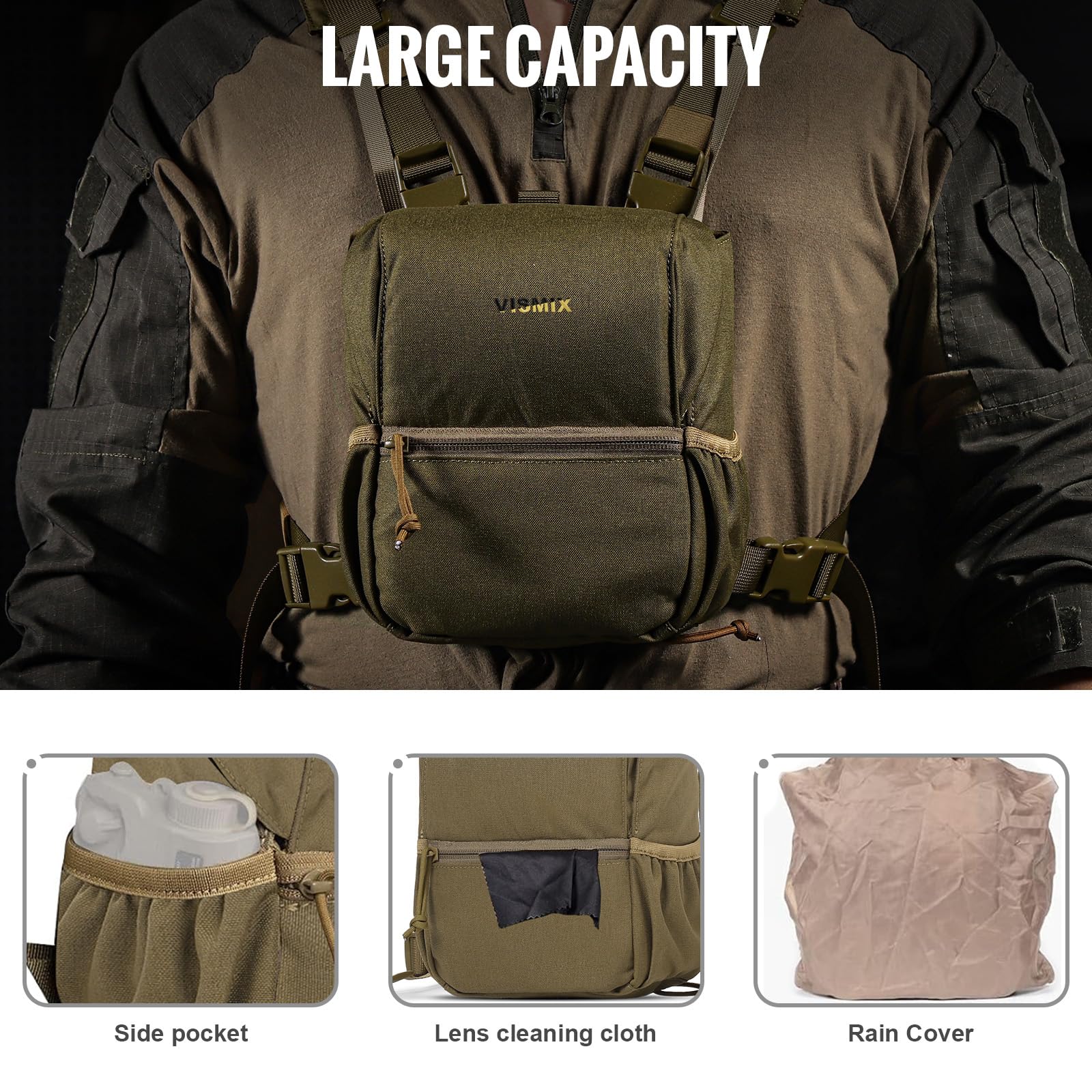VISMIX Binocular Harness, Adjustable Binocular Harness Chest Pack with Rain Cover for Hunting Hiking Shooting Coyote Brown Large - Image 5