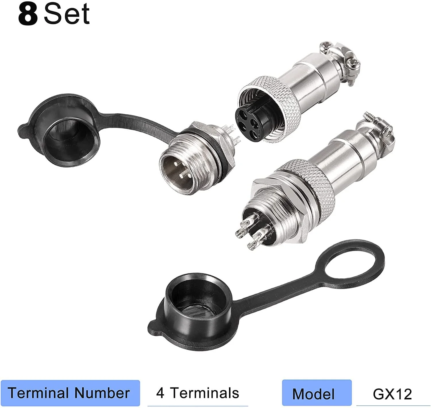 VISSQH GX12 4 Pin Panel Metal Mounting Round Aviation Plug, 12 mm Male/Female Aviation Plug Cable Connector 4-Pin + Rubber Protective Cap and Screwdriver Pack of 16 4-pin. - Image 2