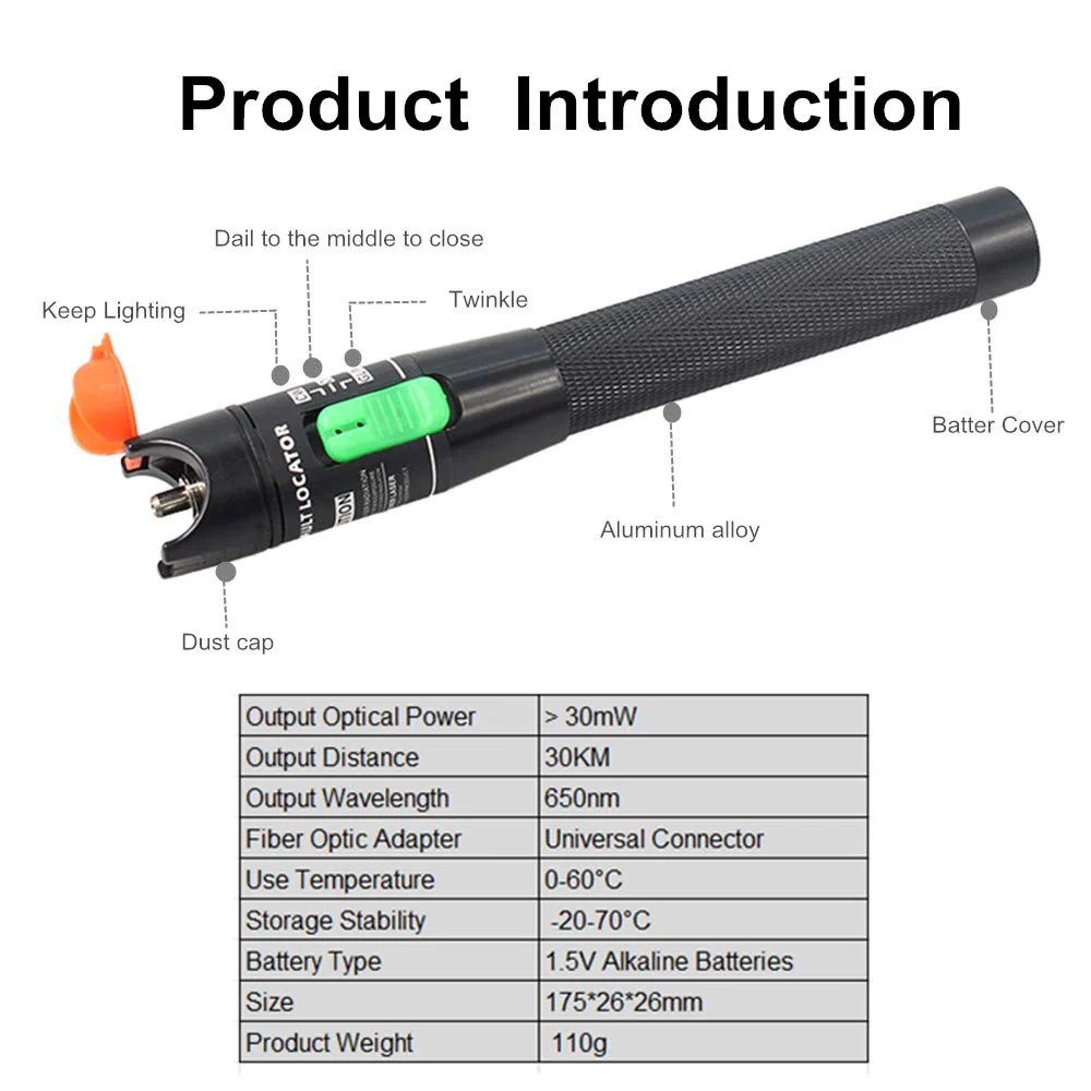 Visual Fault Locator, 30-50KM Fiber Optic Cable Tester Meter VFL Red Light Pen Light Source Testers - Image 3