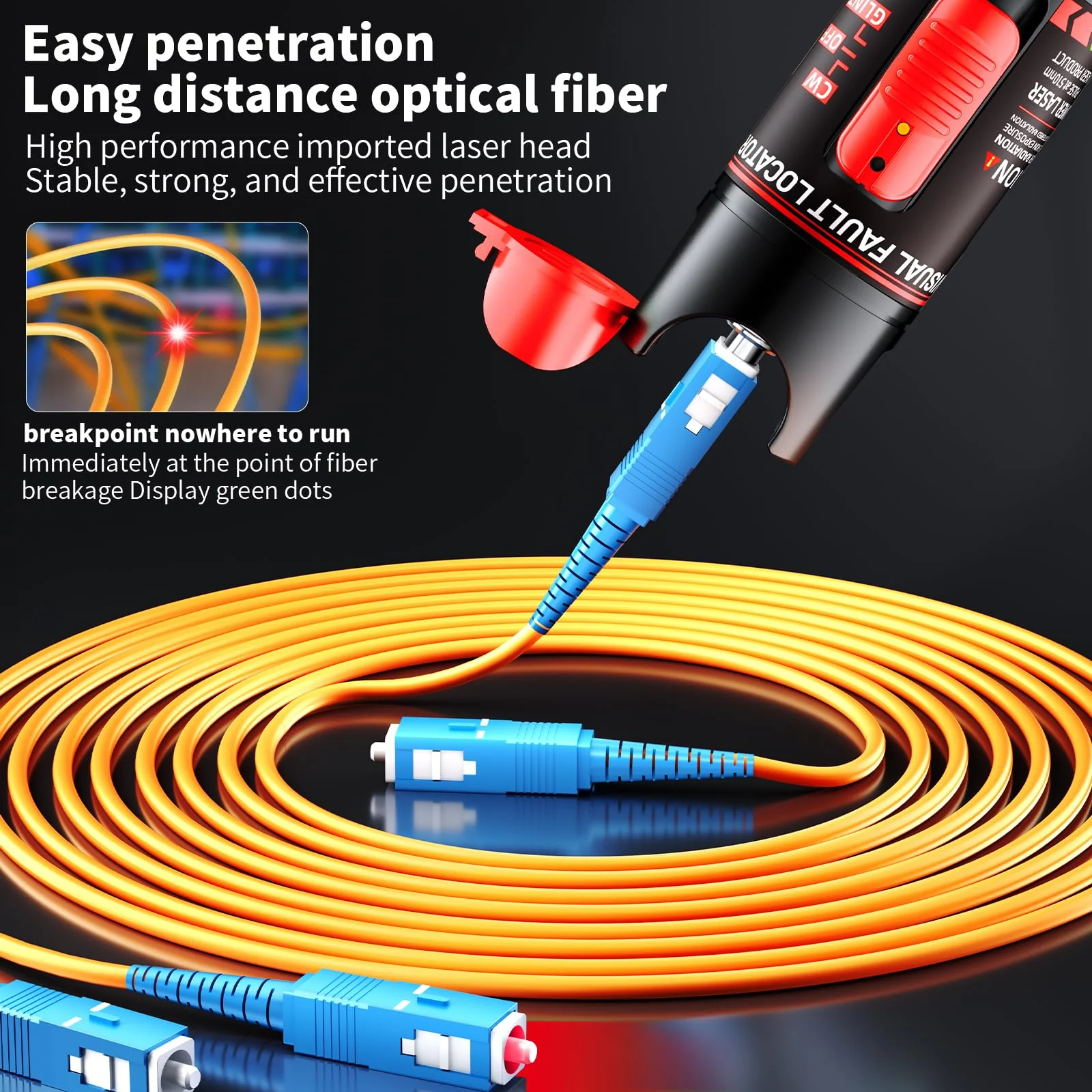 Visual Fault Locator 30KM - Rechargeable VFL Fiber Optic Tester Kit Include Single Mode 9/125um FC Male to LC Female Adapter, Fiber Optic Lights for Network Cable 30km-Rechargeable - Image 2