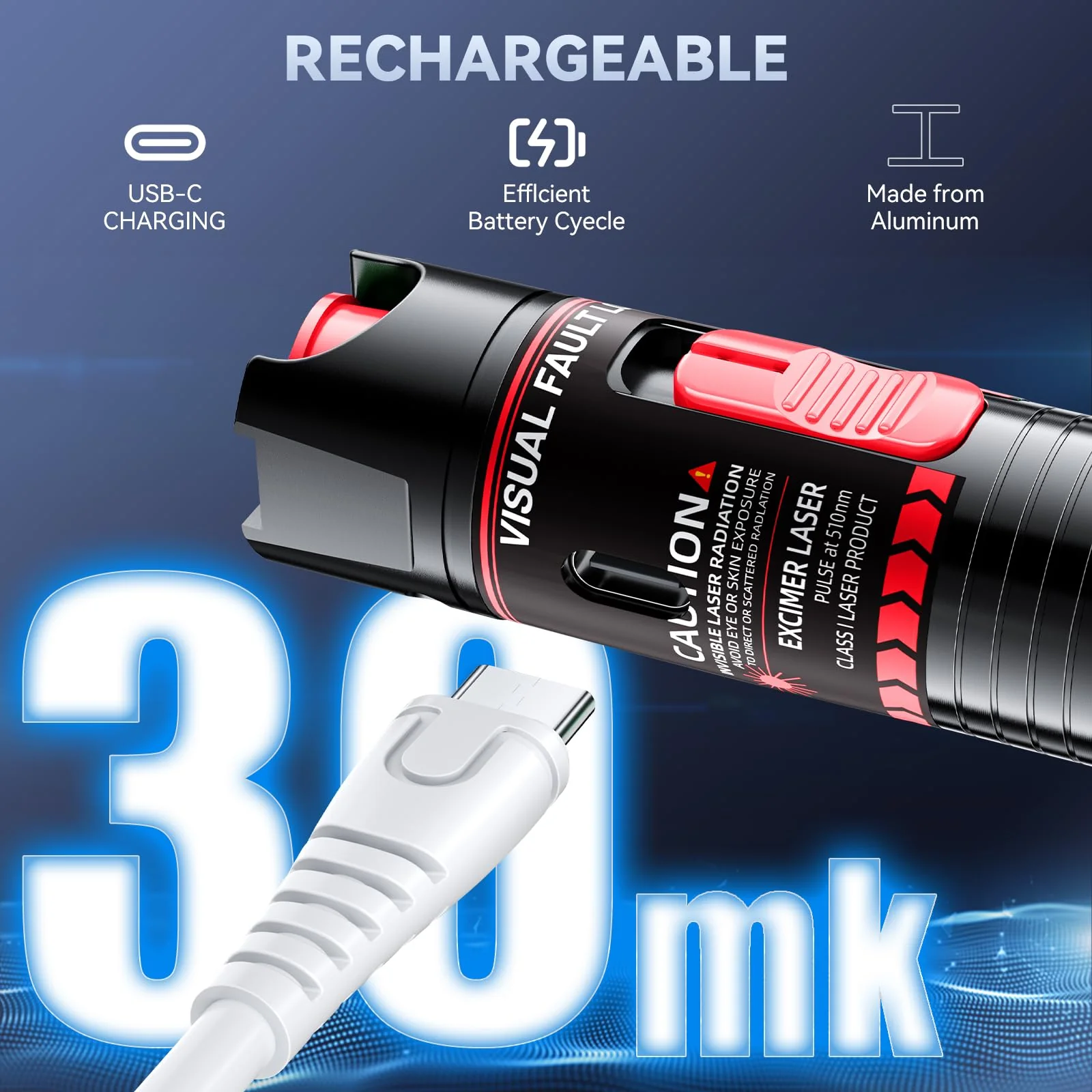 Visual Fault Locator 30KM - Rechargeable VFL Fiber Optic Tester Kit Include Single Mode 9/125um FC Male to LC Female Adapter, Fiber Optic Lights for Network Cable 30km-Rechargeable - Image 4