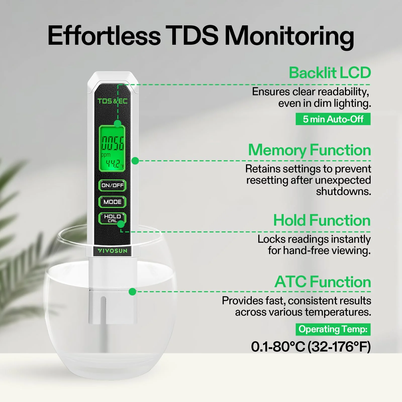 VIVOSUN Digital pH Meter, 3-in-1 TDS/EC/Temperature Meter, 3-in-1 Soil Moisture/pH/Light Tester Combo for Home, Garden and Hydroponics Black-White-Green - Image 4