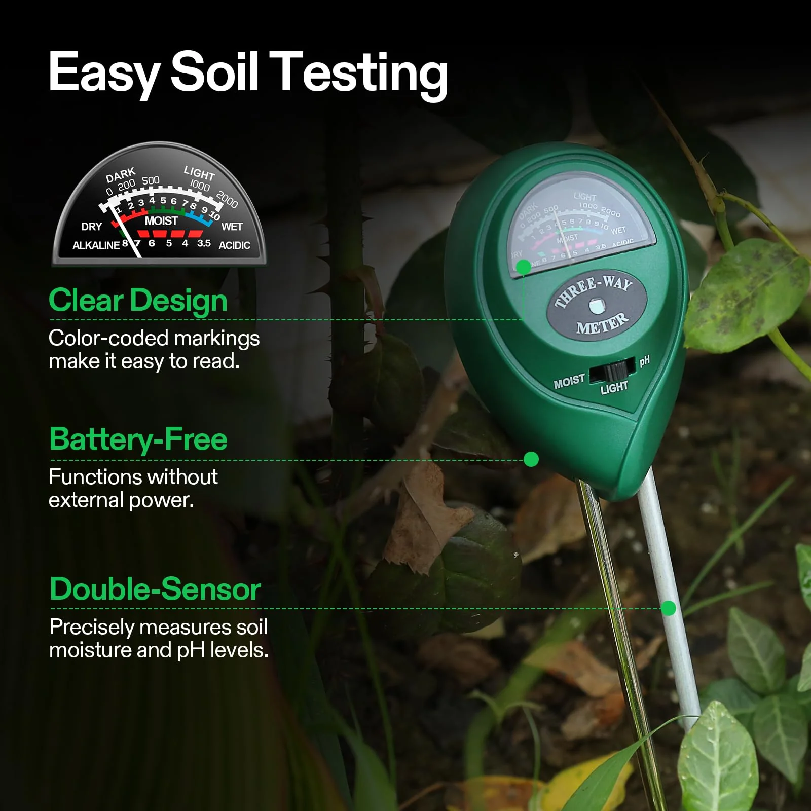 VIVOSUN Digital pH Meter, 3-in-1 TDS/EC/Temperature Meter, 3-in-1 Soil Moisture/pH/Light Tester Combo for Home, Garden and Hydroponics Black-White-Green - Image 6