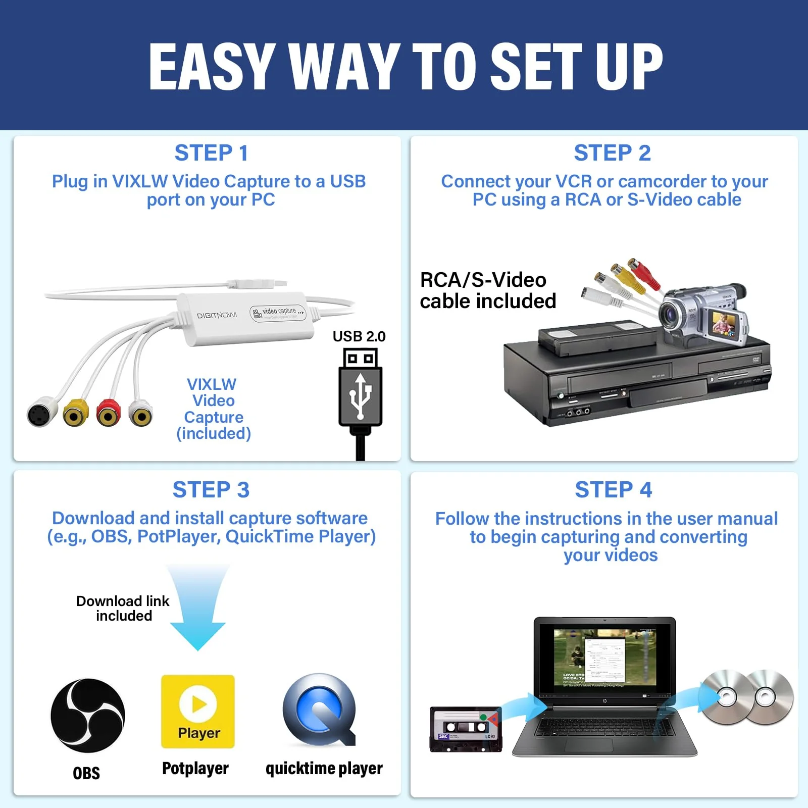 VIXLW Video Capture, USB Video Capture Device, Convert VHS to Digital, VHS/VCR/Hi8/Mini DV to Digital/DVD Converter, for Tape Player Camcorder Camera PC TV OBS, for Mac OS, Android, Windows RCA - Image 4