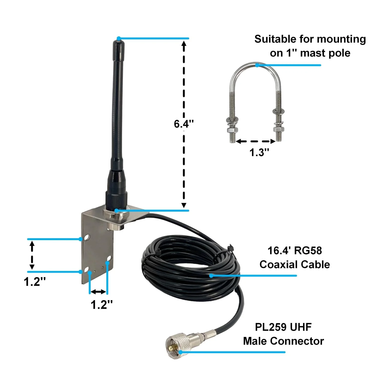 VM200 Marine Antenna, Durable 153-164Mhz Boat Radio Antenna with 16ft RG58 Coaxial Cable and L-Bracket, Ideal for Marine Radio - Image 3
