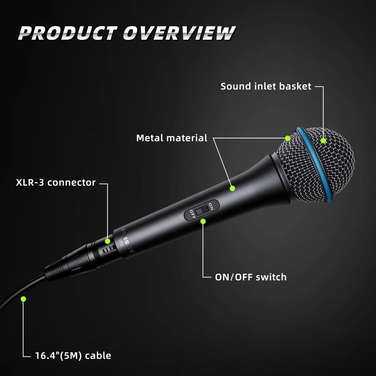 Vocal Dynamic Microphone, Metal Handheld Wired Microphone for Singing, Mic Suitable for Karaoke and Recording, with On/Off Switch and 16.4ft XLR Cable DY23 - Image 4