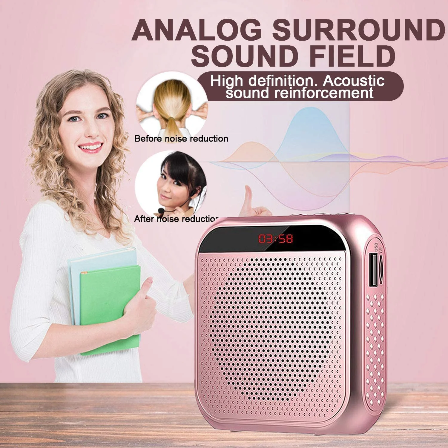 Voice Amplifier for Teachers,Rechargeable Portable Microphone with Speaker,Portable Pa System for Outdoors, Teaching, Meeting, Presentation, etc(Rose Gold) Rose Gold - Image 5