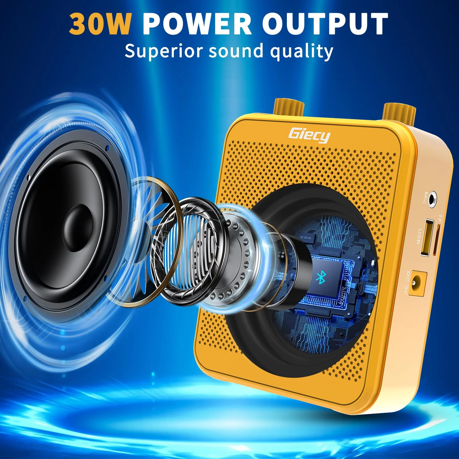 Voice Amplifier, Giecy 30W 2800mAh Rechargeable Personal Voice Amplifier with Microphone Headset, Portable Speaker for Multiple Locations Classroom, Meetings and Outdoors (G300-Yellow) G300-Yellow - Image 2