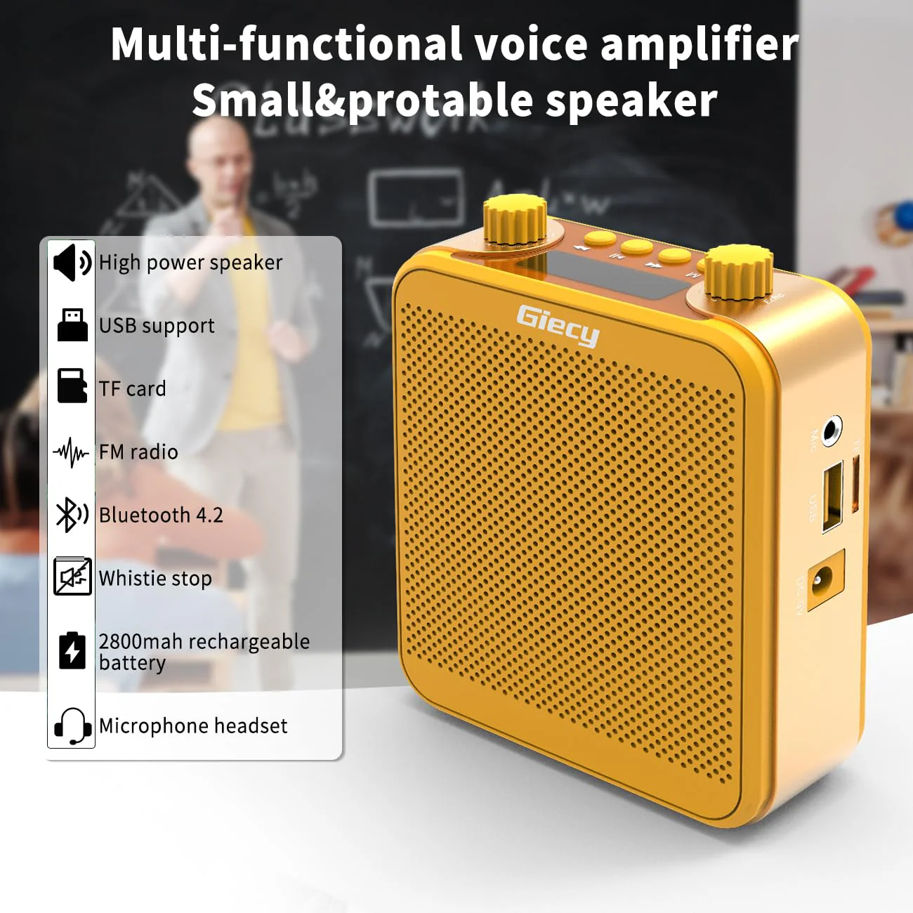 Voice Amplifier, Giecy 30W 2800mAh Rechargeable Personal Voice Amplifier with Microphone Headset, Portable Speaker for Multiple Locations Classroom, Meetings and Outdoors (G300-Yellow) G300-Yellow - Image 4