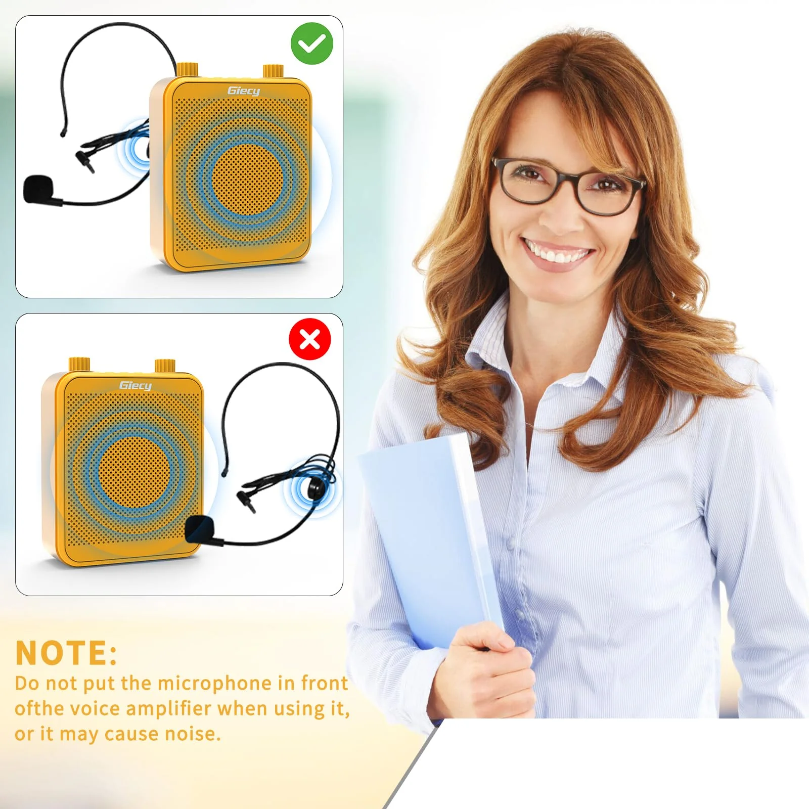 Voice Amplifier, Giecy 30W 2800mAh Rechargeable Personal Voice Amplifier with Microphone Headset, Portable Speaker for Multiple Locations Classroom, Meetings and Outdoors (G300-Yellow) G300-Yellow - Image 5