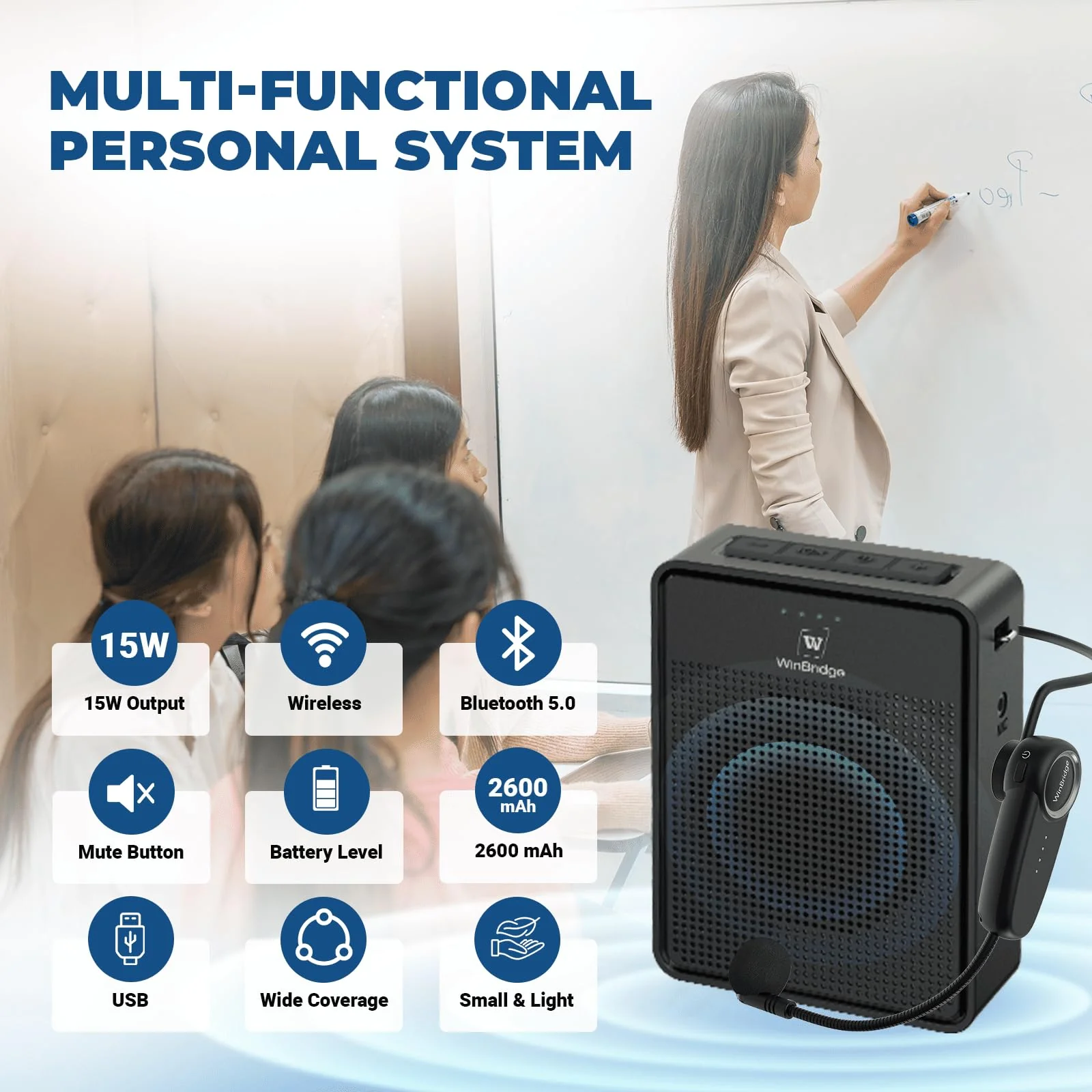 Voice Amplifier Wireless Microphone Headset, Original Sound Ultra Portable Microphone and Speaker, 15W Megaphone Speaker with Bluetooth Mic, Personal PA System for Teachers Classroom Tour Guide B002 - Image 2