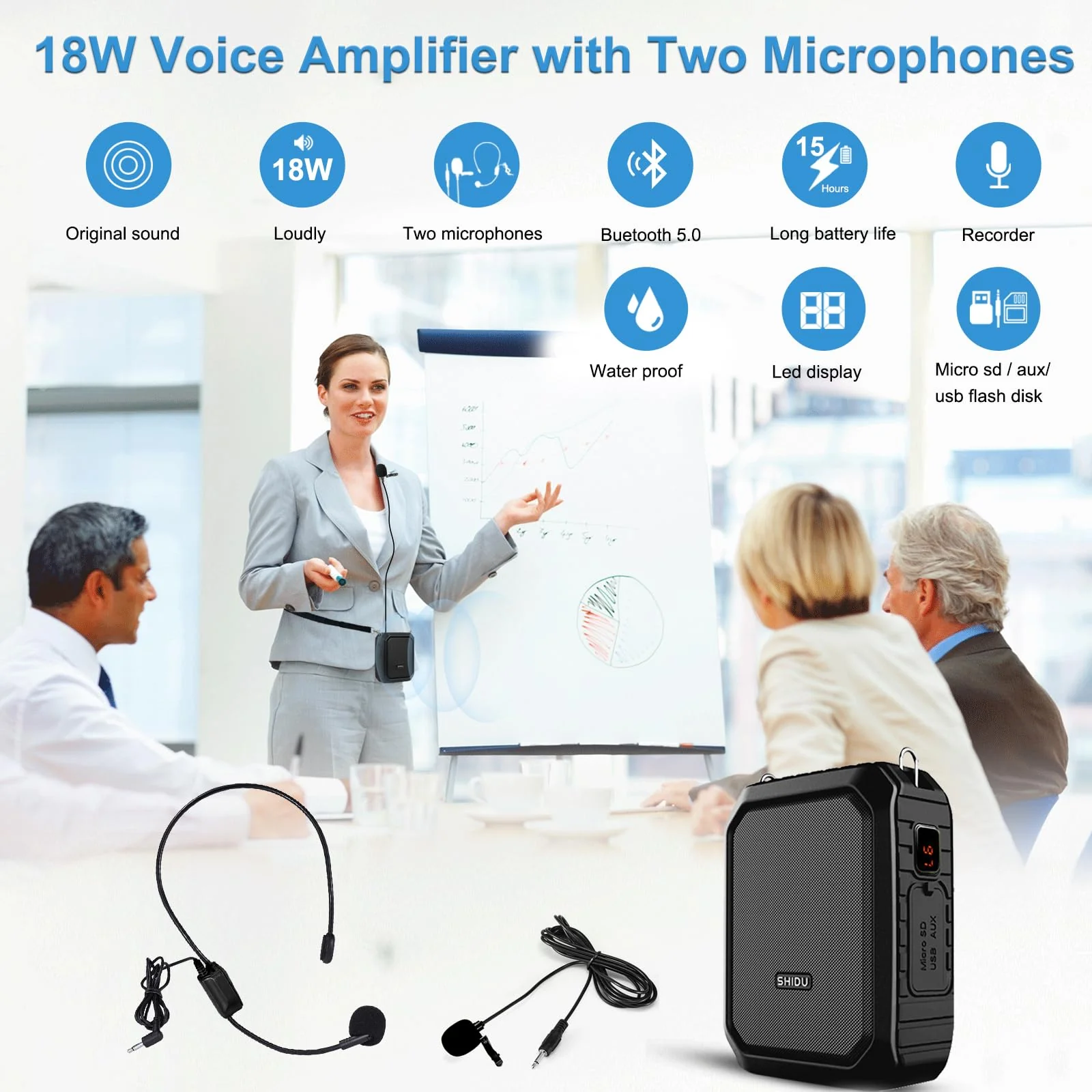Voice Amplifier with Lapel Microphone/Microphone Headset-18W Waterproof Megaphone Speaker Pa System with 2 Mics, Bluetooth 5.0 Portable Microphone and Speaker for Teachers Elderly Tour Guide 800Plus Black-wired - Image 2
