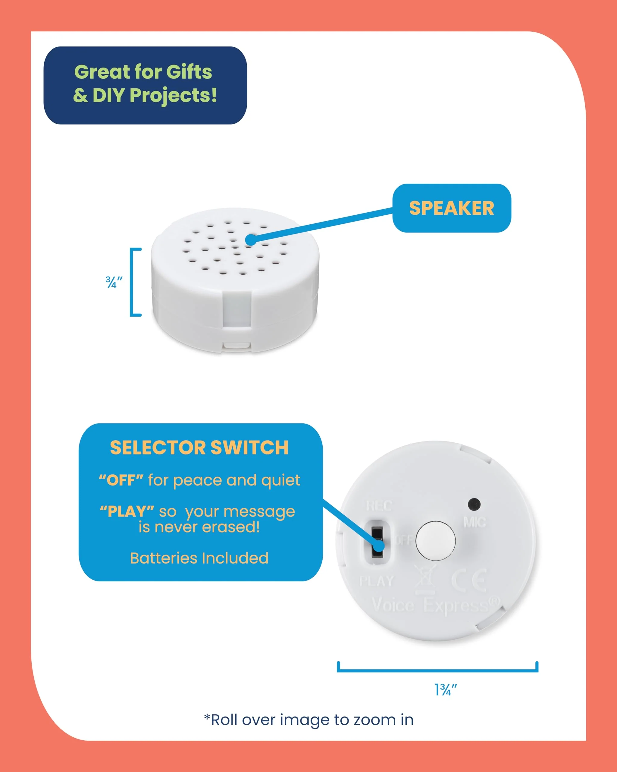 VoiceGift 20 Second Multi-Message Voice Recorder, Record Custom Messages for Plush Toy, Stuffed Bear Toy, Baby Doll Toy, and Pillow - 2 Pack 20-Second Mini-Me Voice Recorder - 2 Pack | White - Image 5