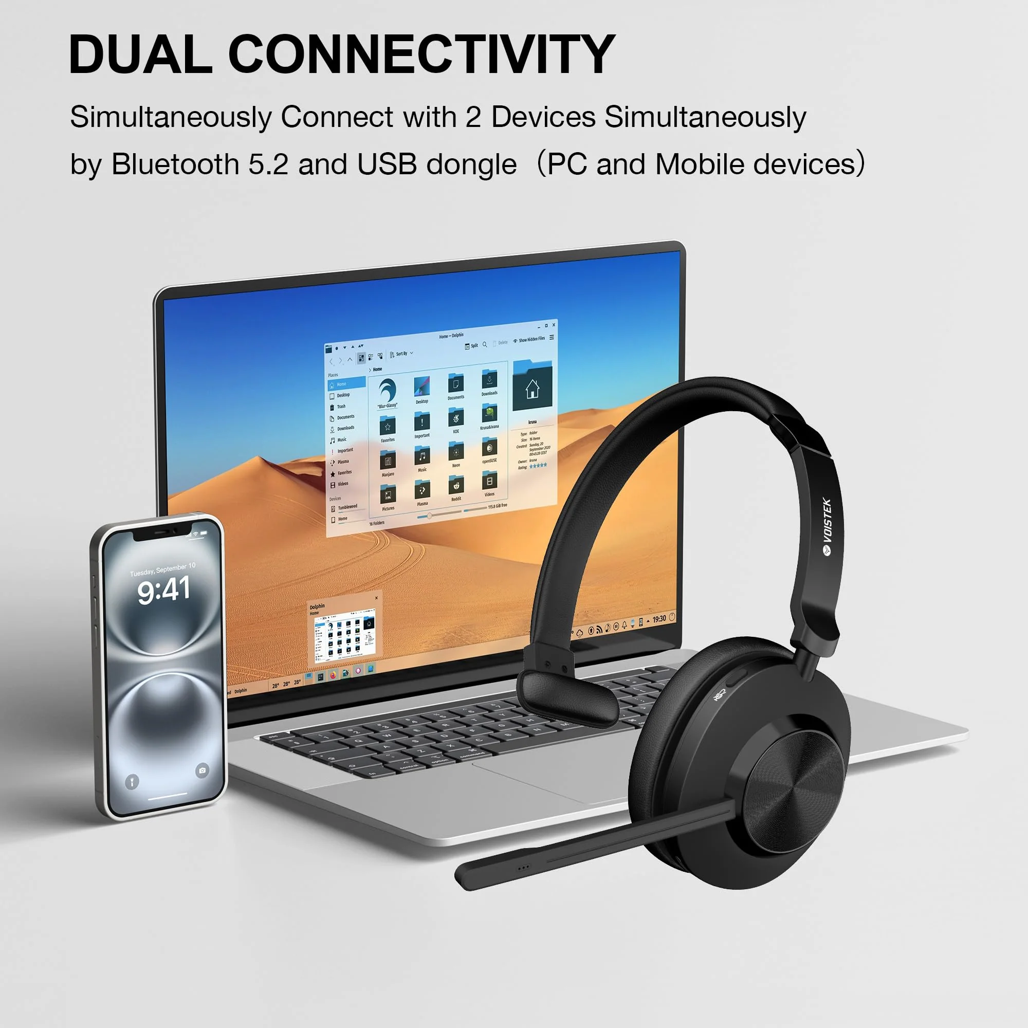 Voistek Wireless Headset with Mic for Work, Bluetooth Computer Headphones(Bluetooth 5.3 + USB Dongle) w/Noise Cancelling Mic & Mute Button for Work,Home Office,Zoom,Teams,Online Meetings (Grey) Gray - Image 4