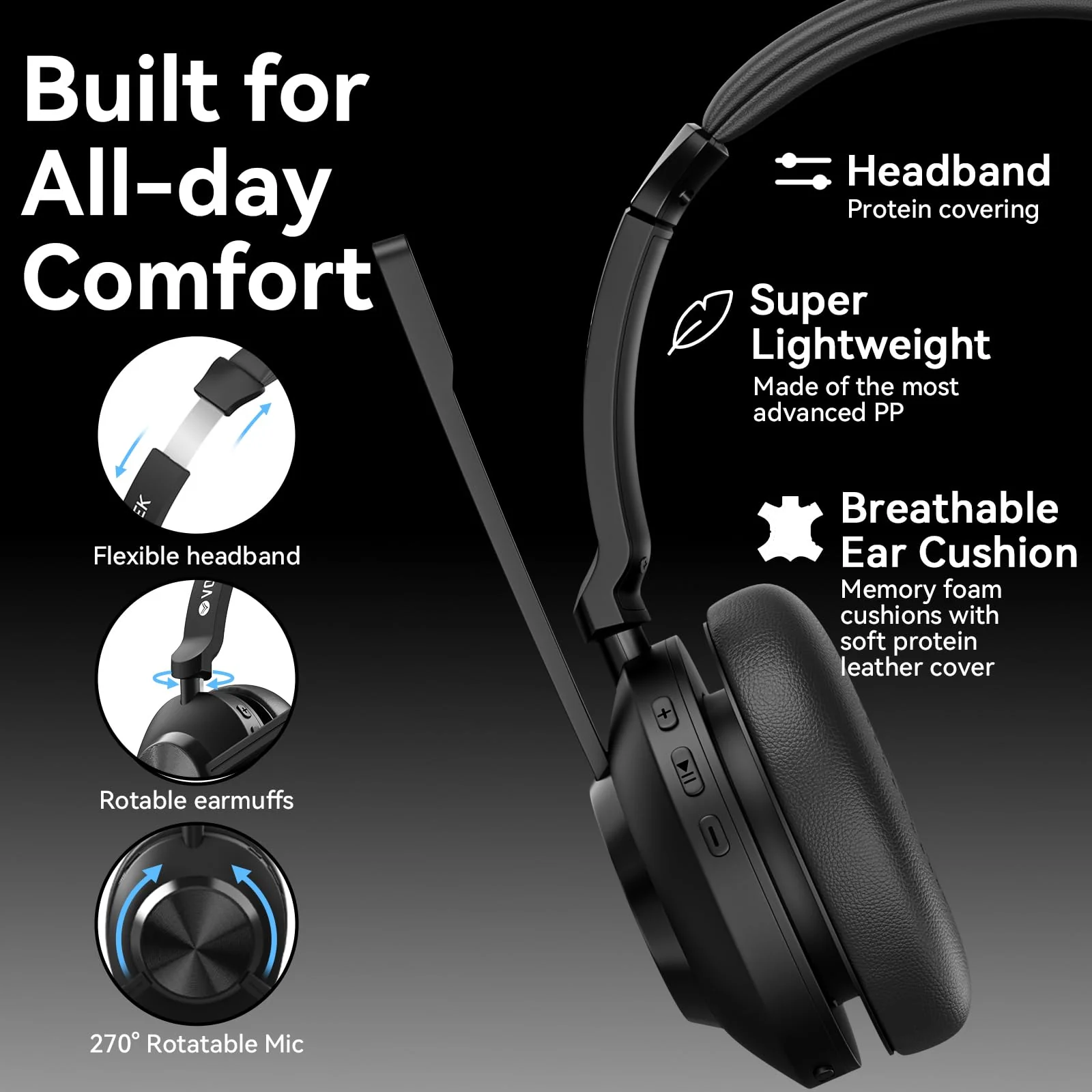 Voistek Wireless Headset with Mic for Work, Bluetooth Computer Headphones(Bluetooth 5.3 + USB Dongle) w/Noise Cancelling Mic & Mute Button for Work,Home Office,Zoom,Teams,Online Meetings (Grey) Gray - Image 5