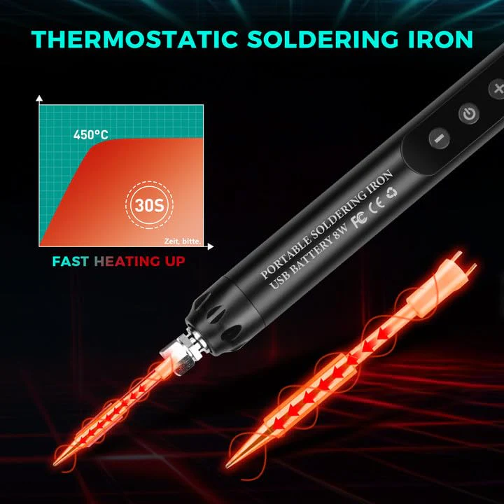 Voktta USB Rechargeable Soldering Iron with LCD, Battery Soldering Iron Set, Ceramic Heating Core, Adjustable Temperatures 200-450°C, with 3 Soldering Tips, It is for Repairing Circuit Boards etc - Image 3