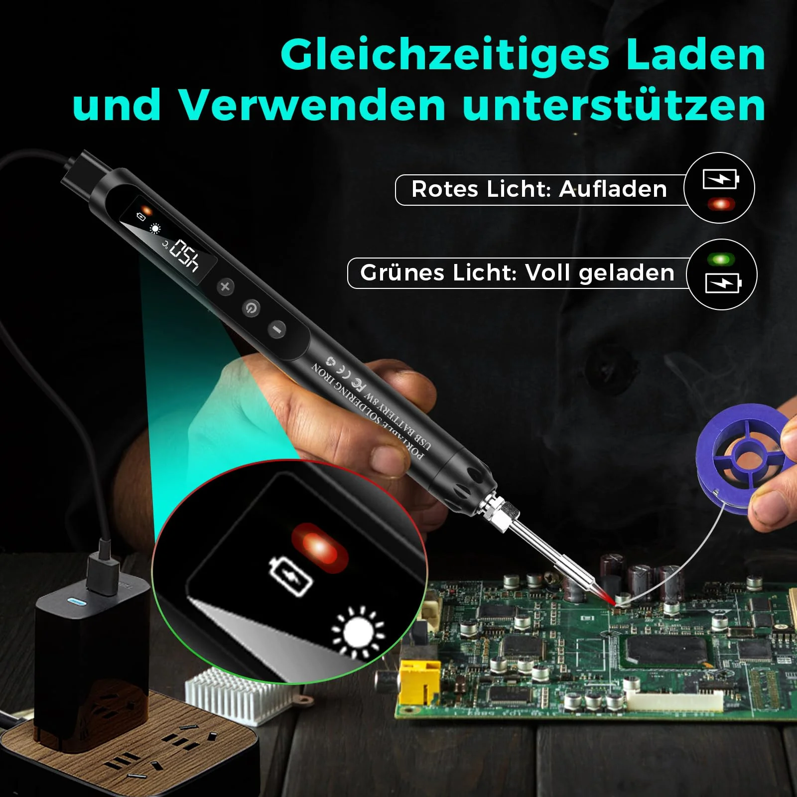 Voktta USB Rechargeable Soldering Iron with LCD, Battery Soldering Iron Set, Ceramic Heating Core, Adjustable Temperatures 200-450°C, with 3 Soldering Tips, It is for Repairing Circuit Boards etc - Image 5
