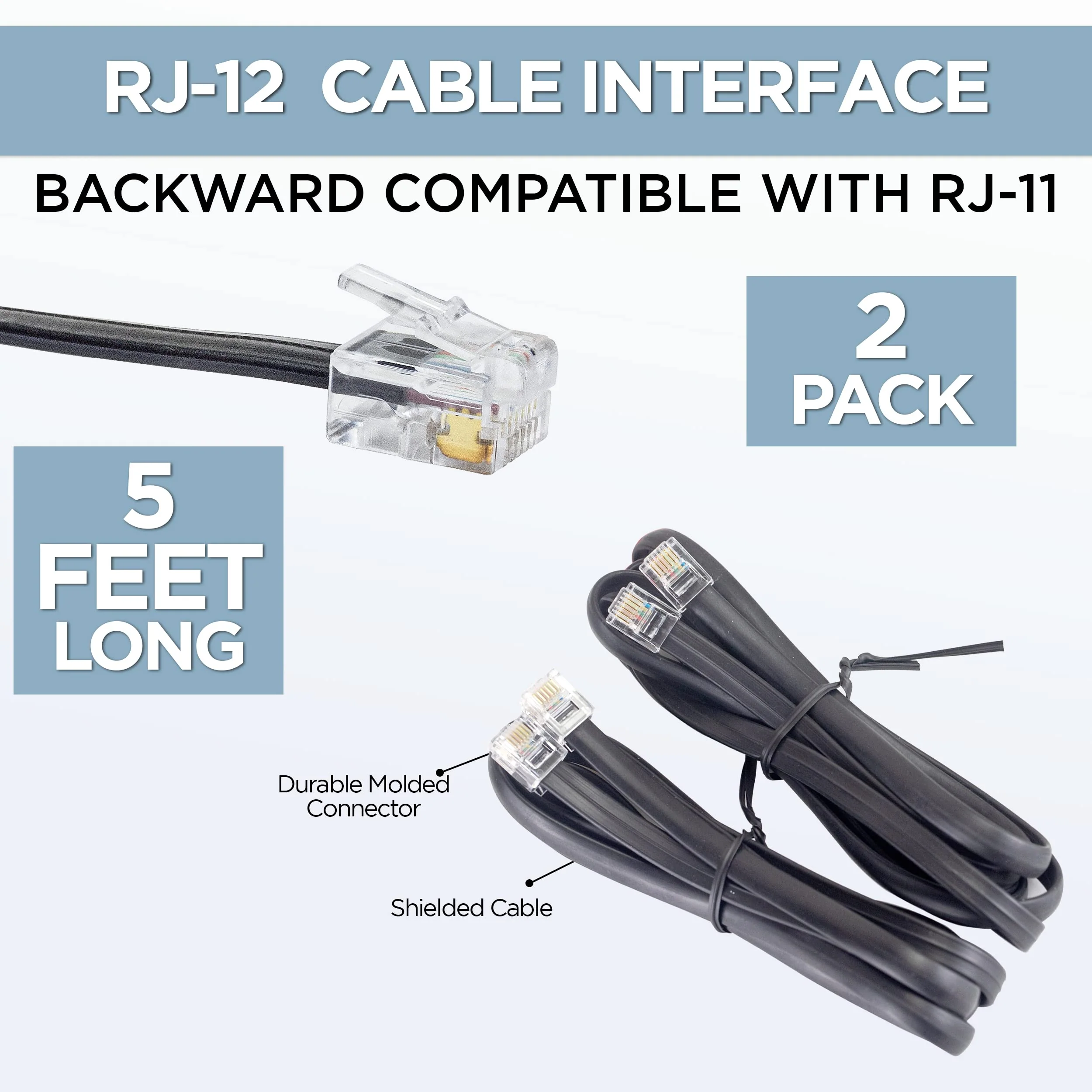 Volcora [2 Pack 5 Feet RJ11 / RJ12 Data Cable - Heavy Duty 6-Pins High-Speed Extension for Cash Register Drawer, Telephone, Modem, Fax, Printers, and More - Drawer Cable for Voice and Data 2 5 ft - Image 2