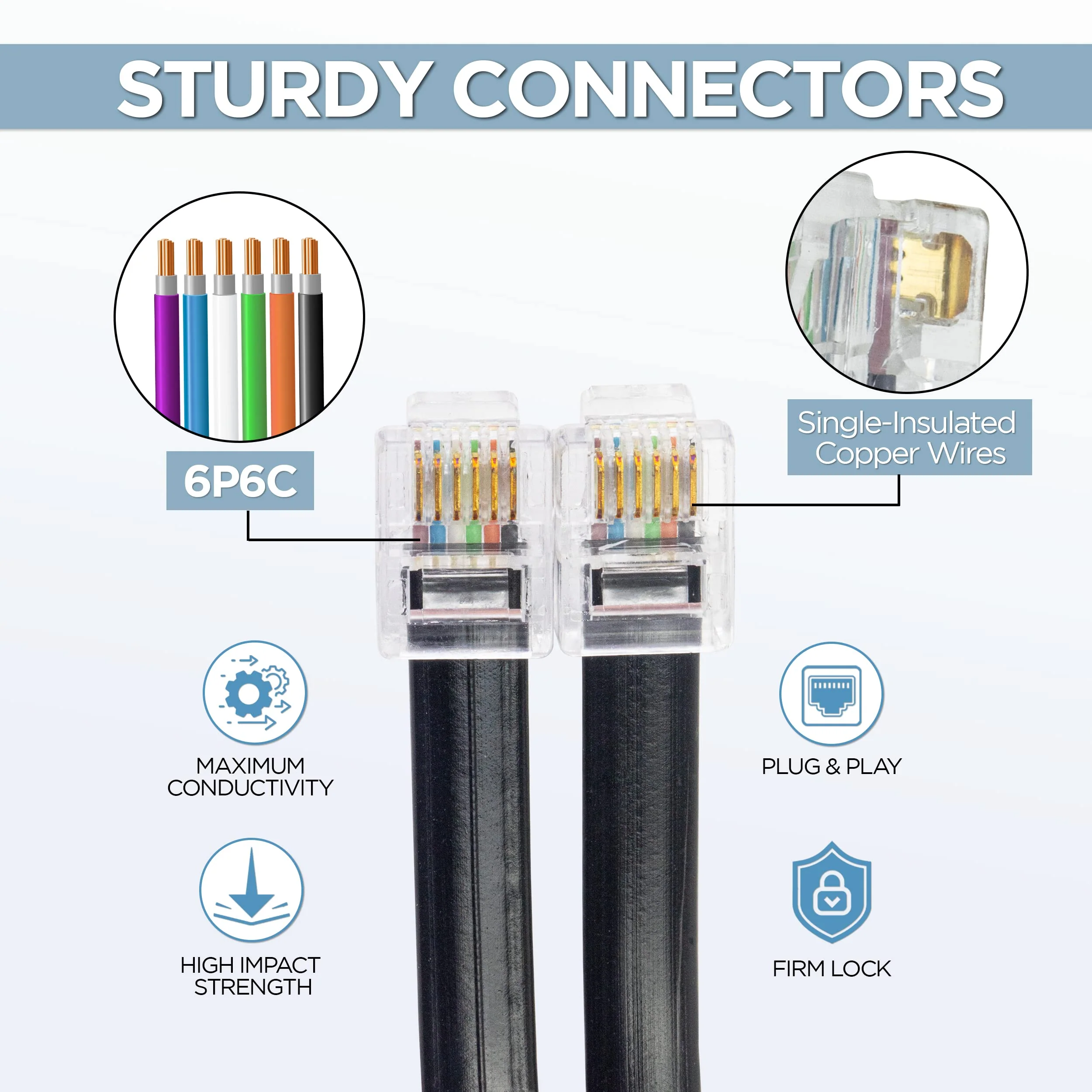 Volcora [2 Pack 5 Feet RJ11 / RJ12 Data Cable - Heavy Duty 6-Pins High-Speed Extension for Cash Register Drawer, Telephone, Modem, Fax, Printers, and More - Drawer Cable for Voice and Data 2 5 ft - Image 5